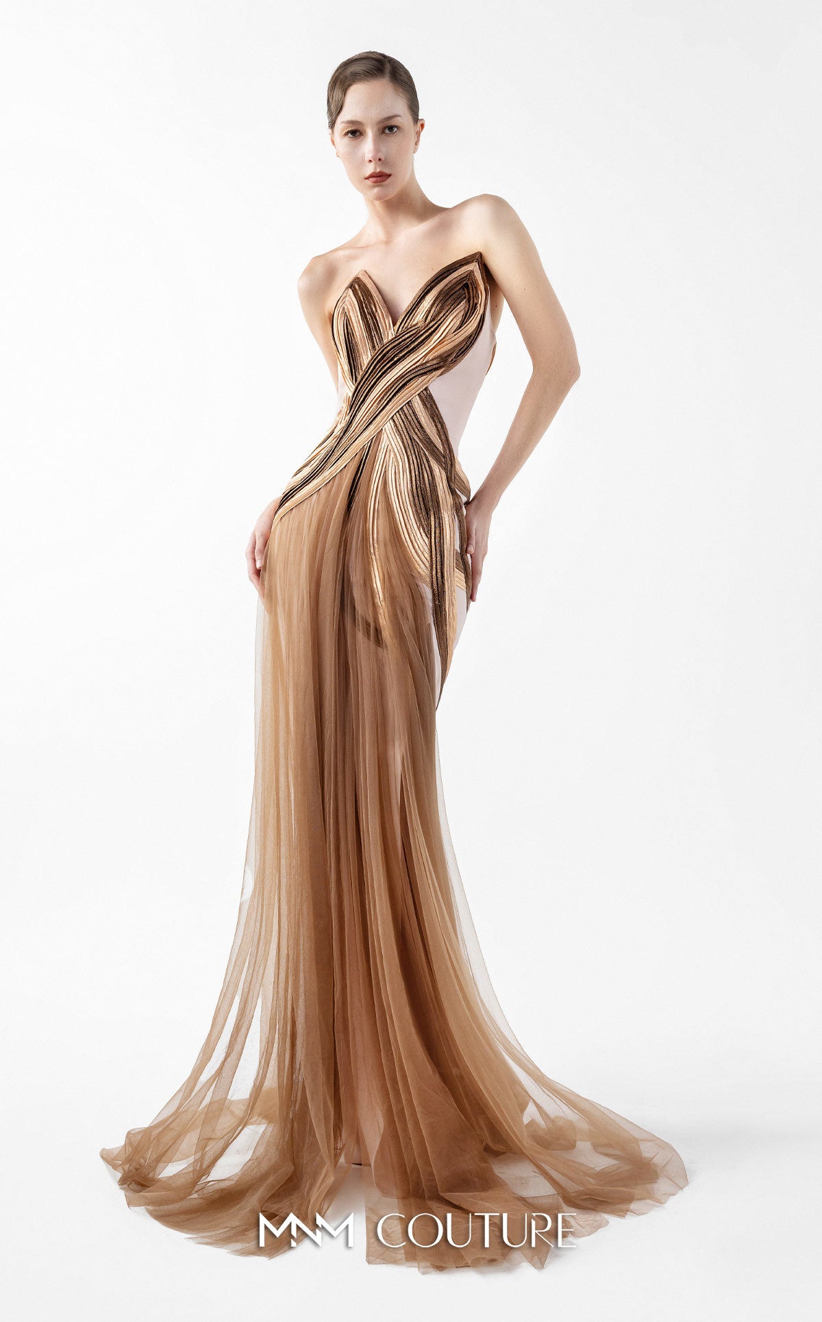 Prom Dresses Metallic Long Formal Pleated Prom Dress MNM Couture G2038 Bronze