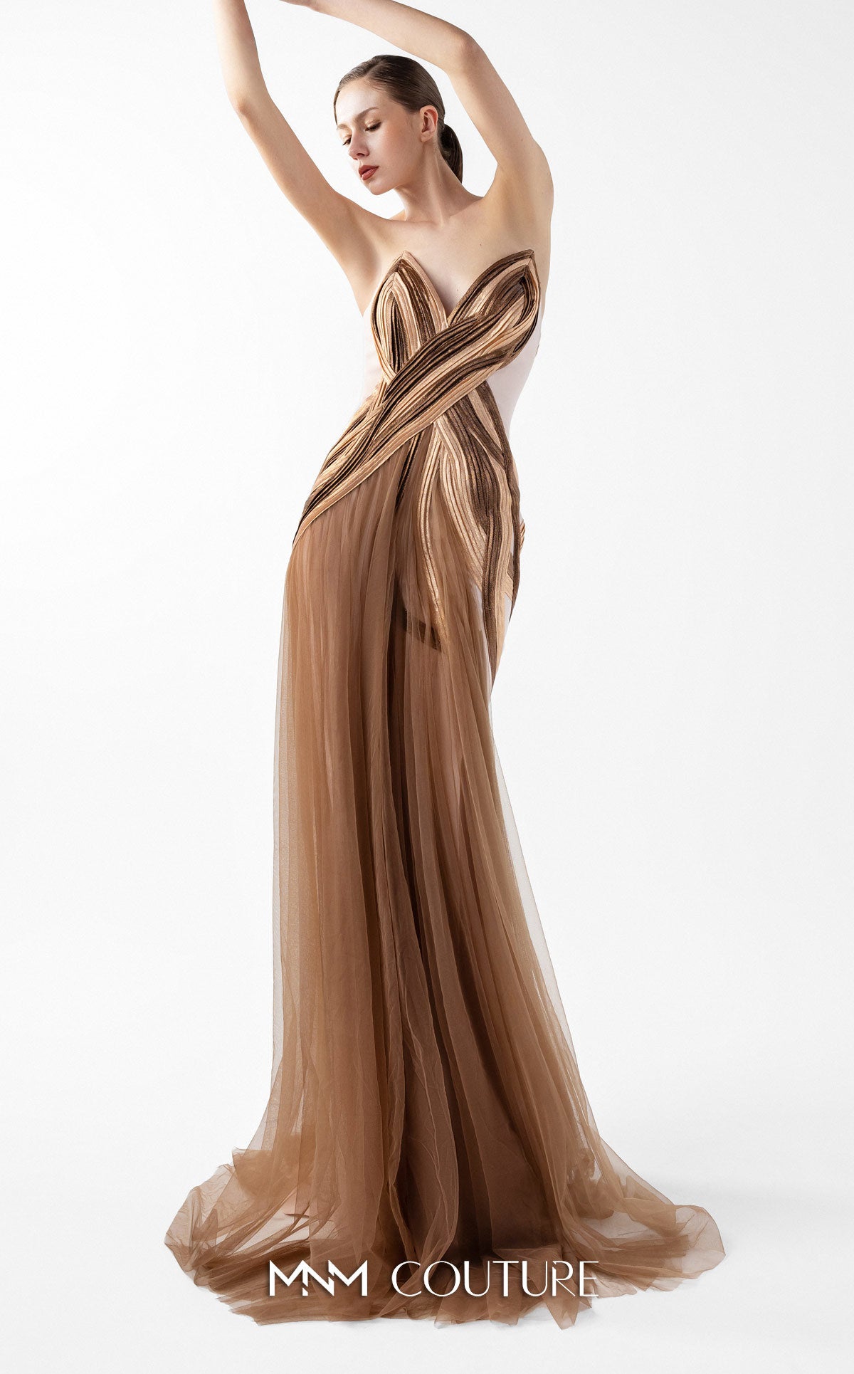 Prom Dresses Metallic Long Formal Pleated Prom Dress MNM Couture G2038 Bronze