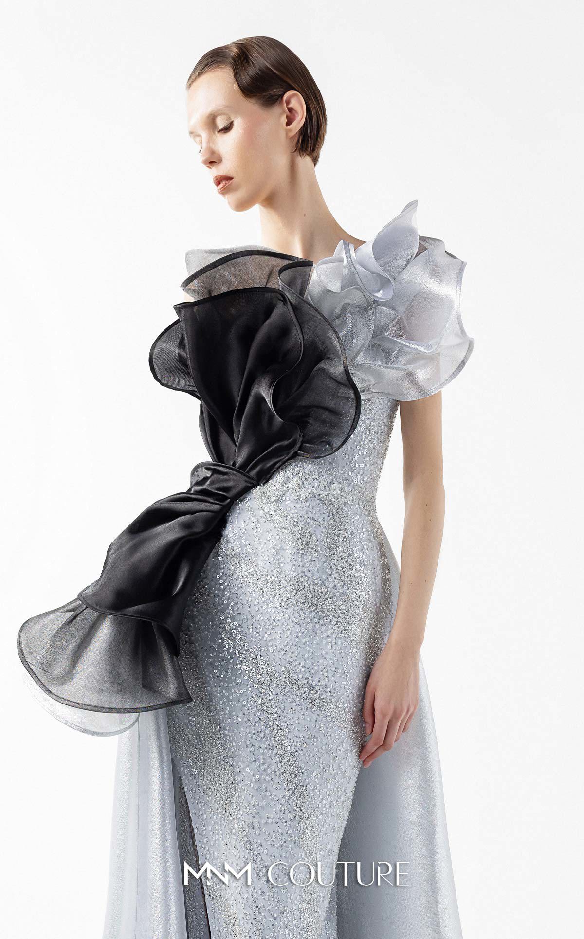 Prom Dresses Long Formal Slit Glitter Ruffle Lace Prom Dress MNM Couture G2042 Silver