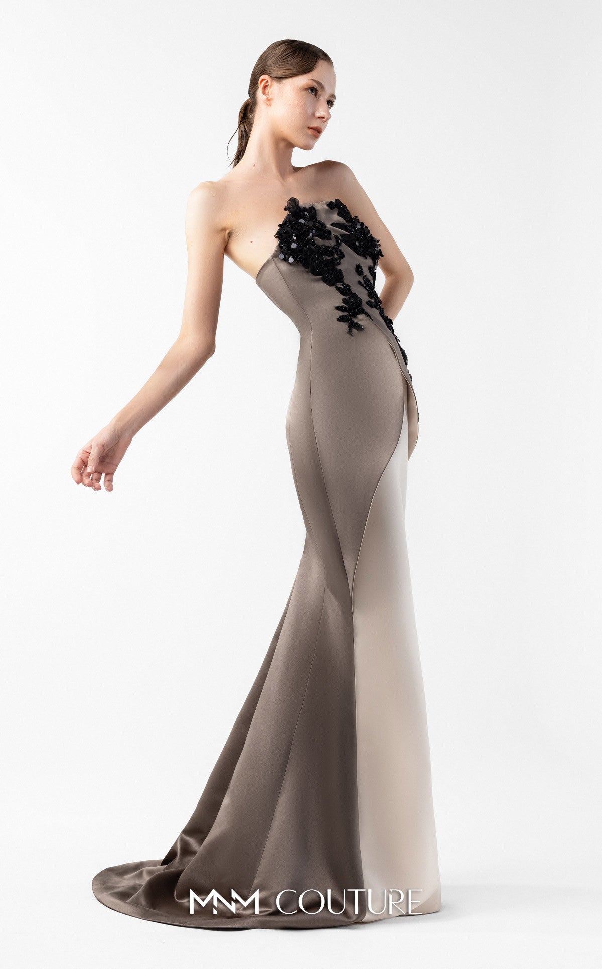 Prom Dresses Long Formal Metallic Floral Applique Fitted Prom Dress MNM Couture G2045 Brown
