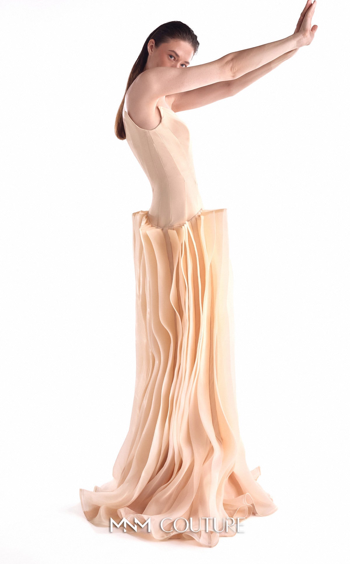 Strapless Long Chiffon Evening Gown by MNM Couture G2100 in Nude