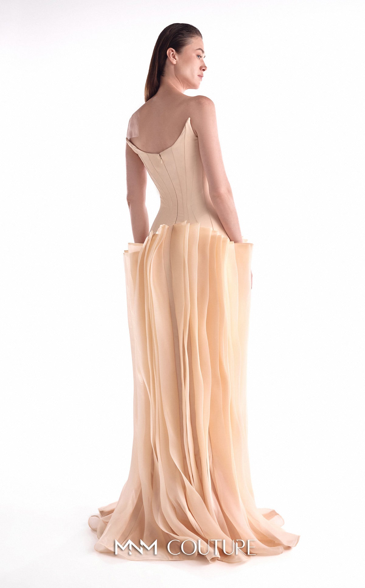 Strapless Long Chiffon Evening Gown by MNM Couture G2100 in Nude