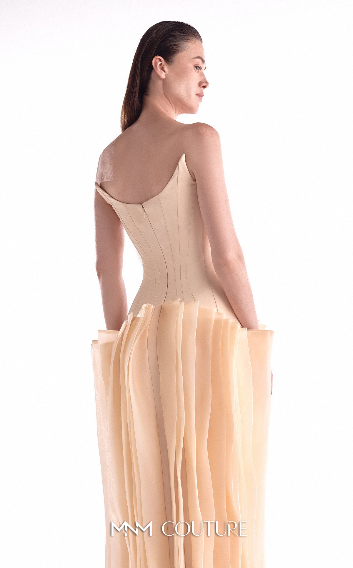 Strapless Long Chiffon Evening Gown by MNM Couture G2100 in Nude