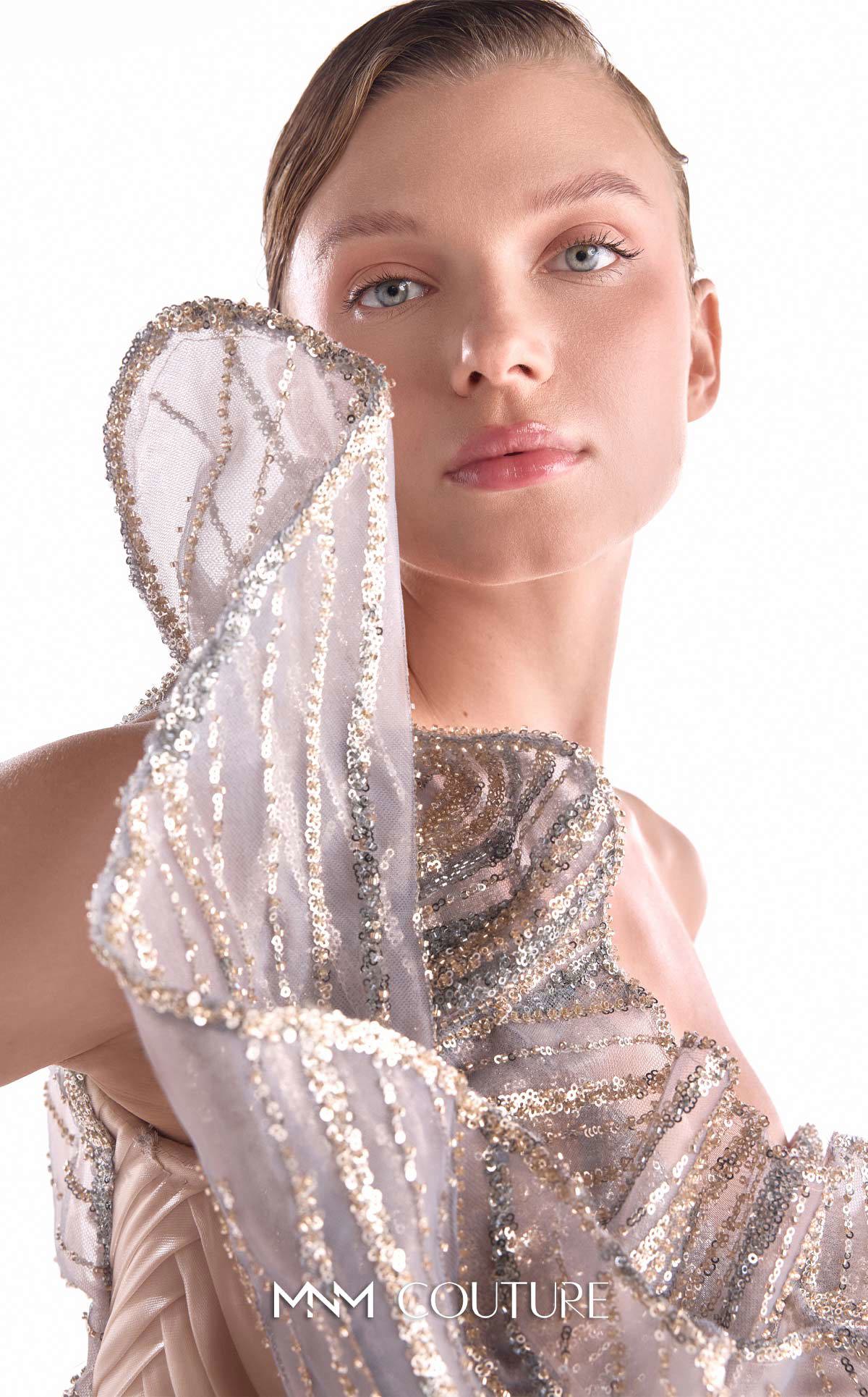 One-Shoulder Embellished Tulle Evening Gown by MNM Couture G2101 in Nude