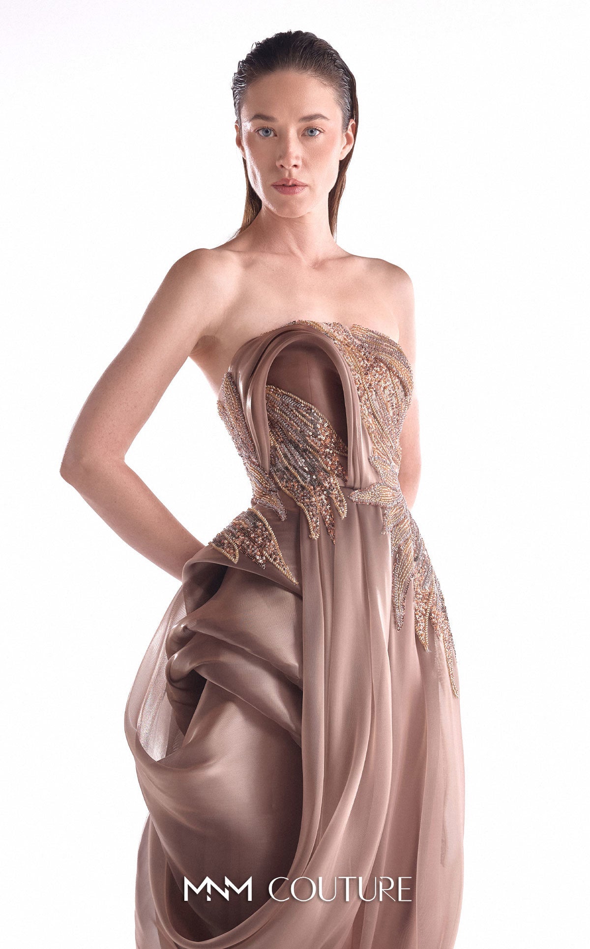 Strapless Floor-Length Satin Evening Gown by MNM Couture G2103 in Brown