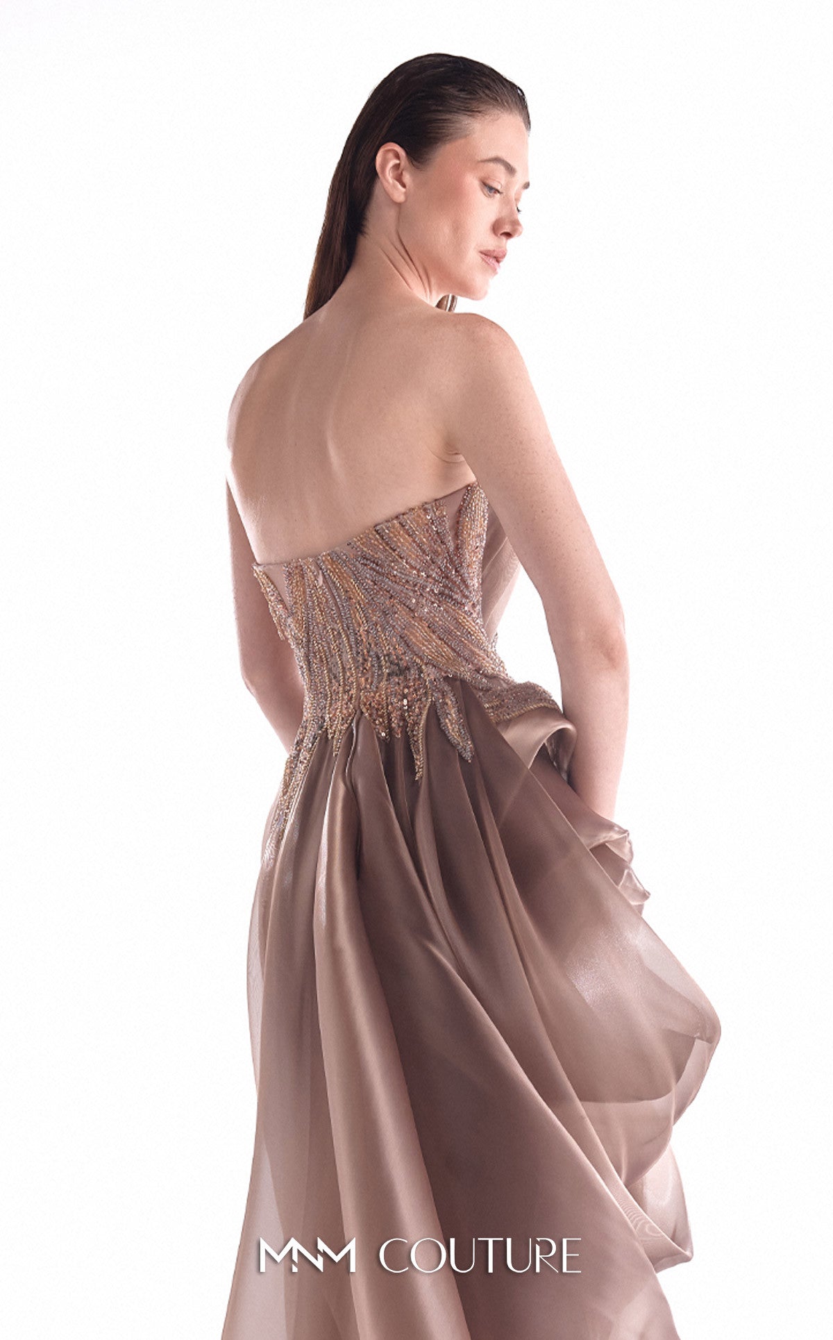 Strapless Floor-Length Satin Evening Gown by MNM Couture G2103 in Brown