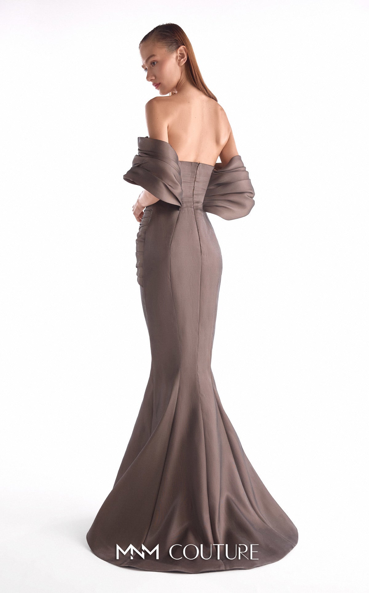 Off-Shoulder Mermaid Satin Evening Gown by MNM Couture G2104 in Brown