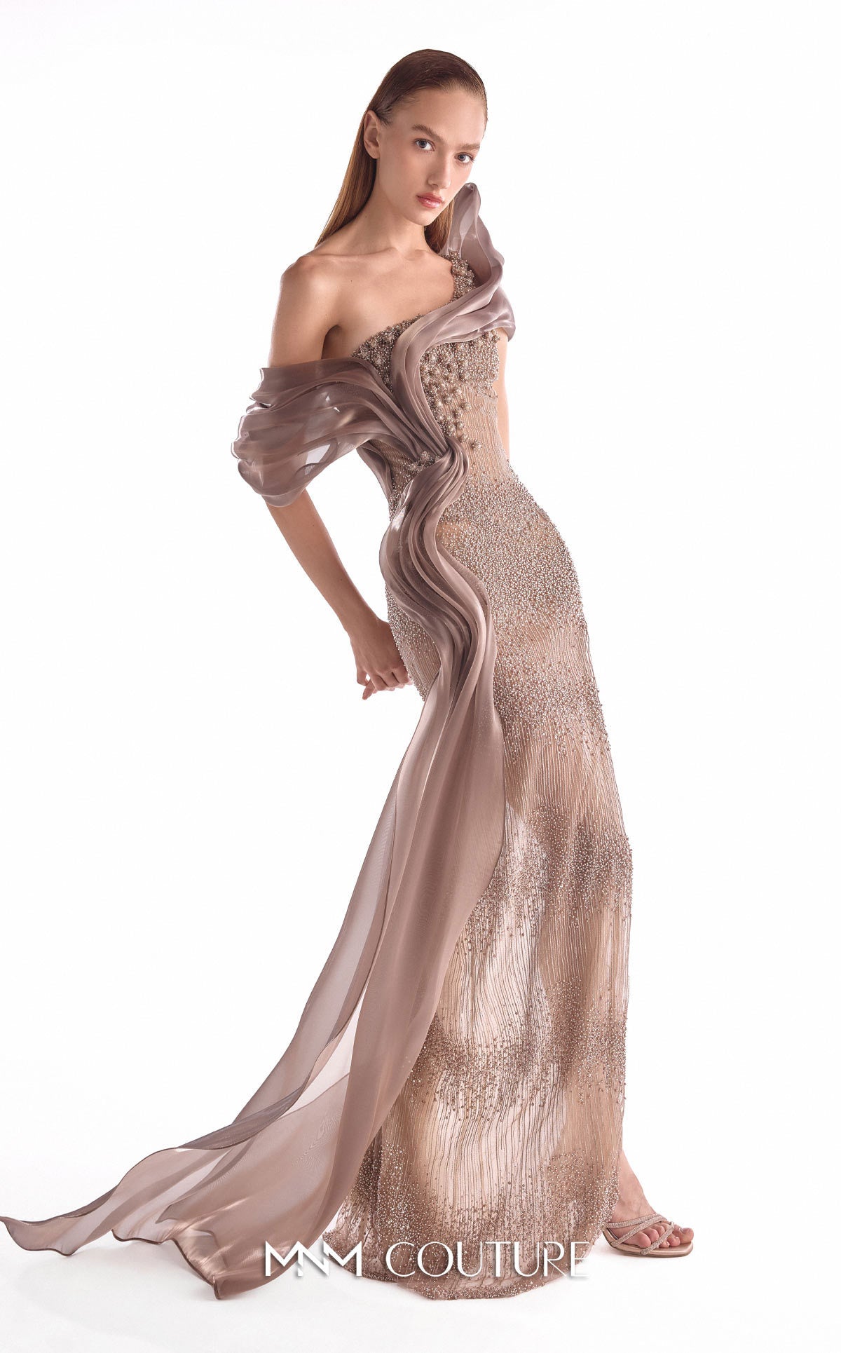 Off-Shoulder Beaded Organza Evening Gown by MNM Couture G2105 in Brown