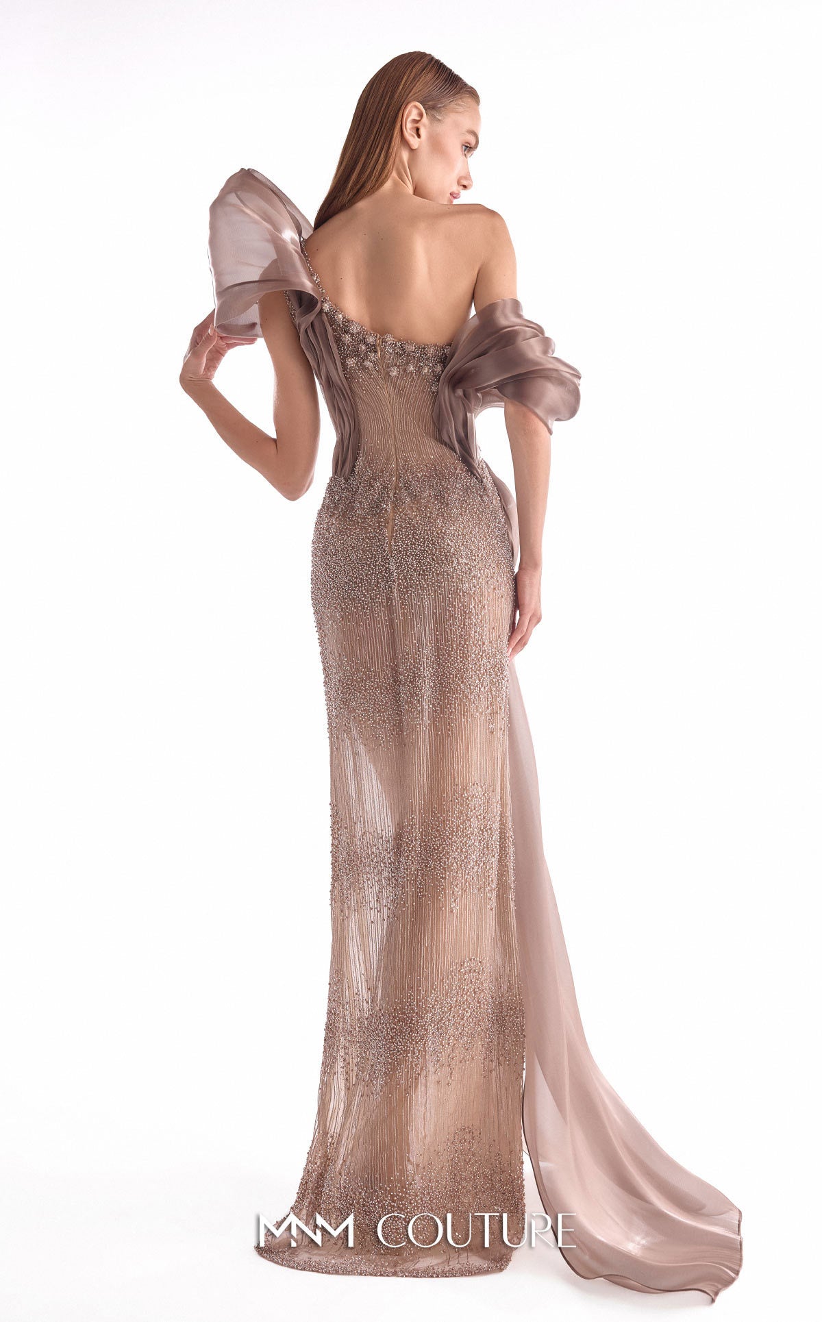 Off-Shoulder Beaded Organza Evening Gown by MNM Couture G2105 in Brown
