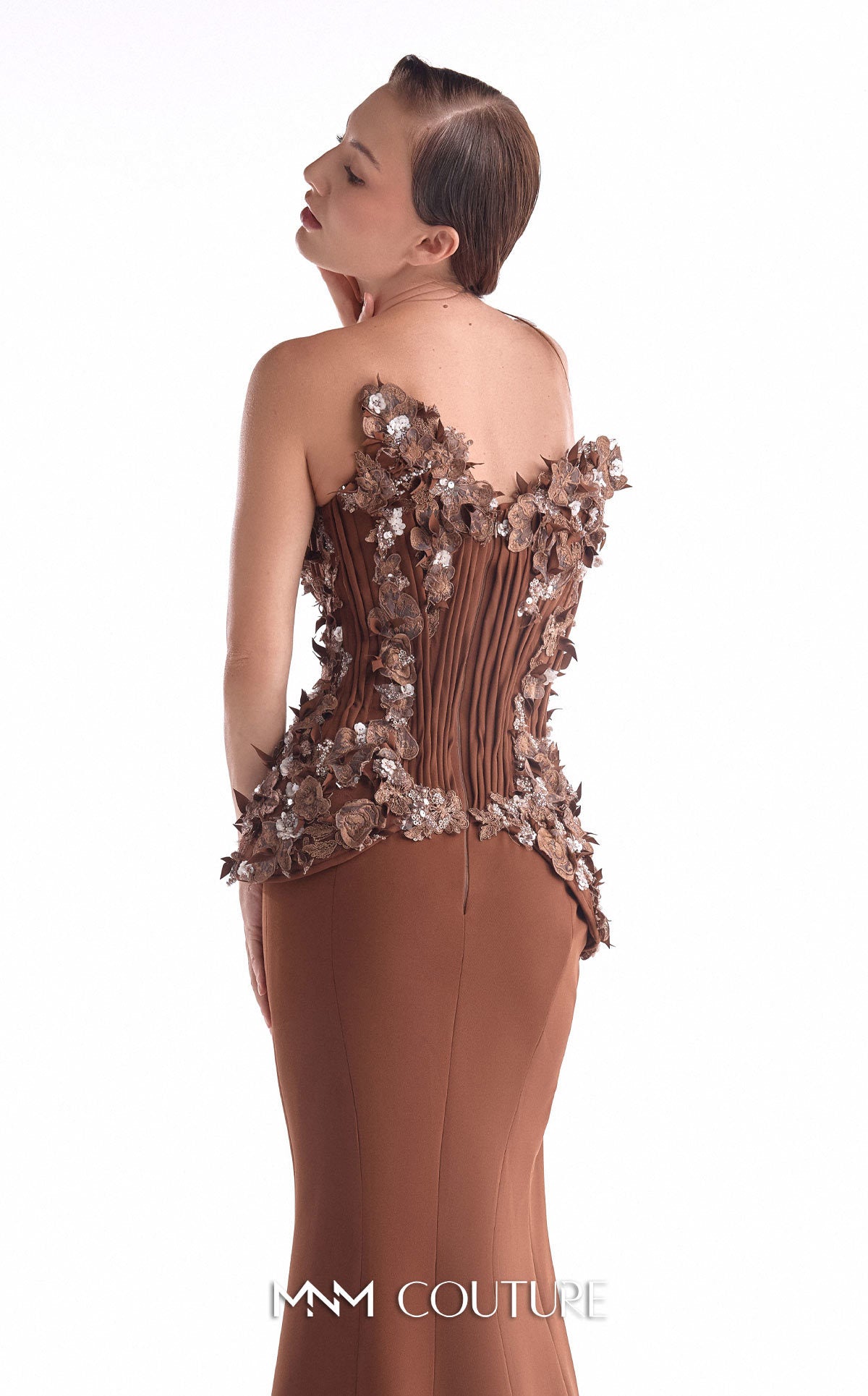 Plunge Neck Long Embellished Evening Gown by MNM Couture G2108 in Brown