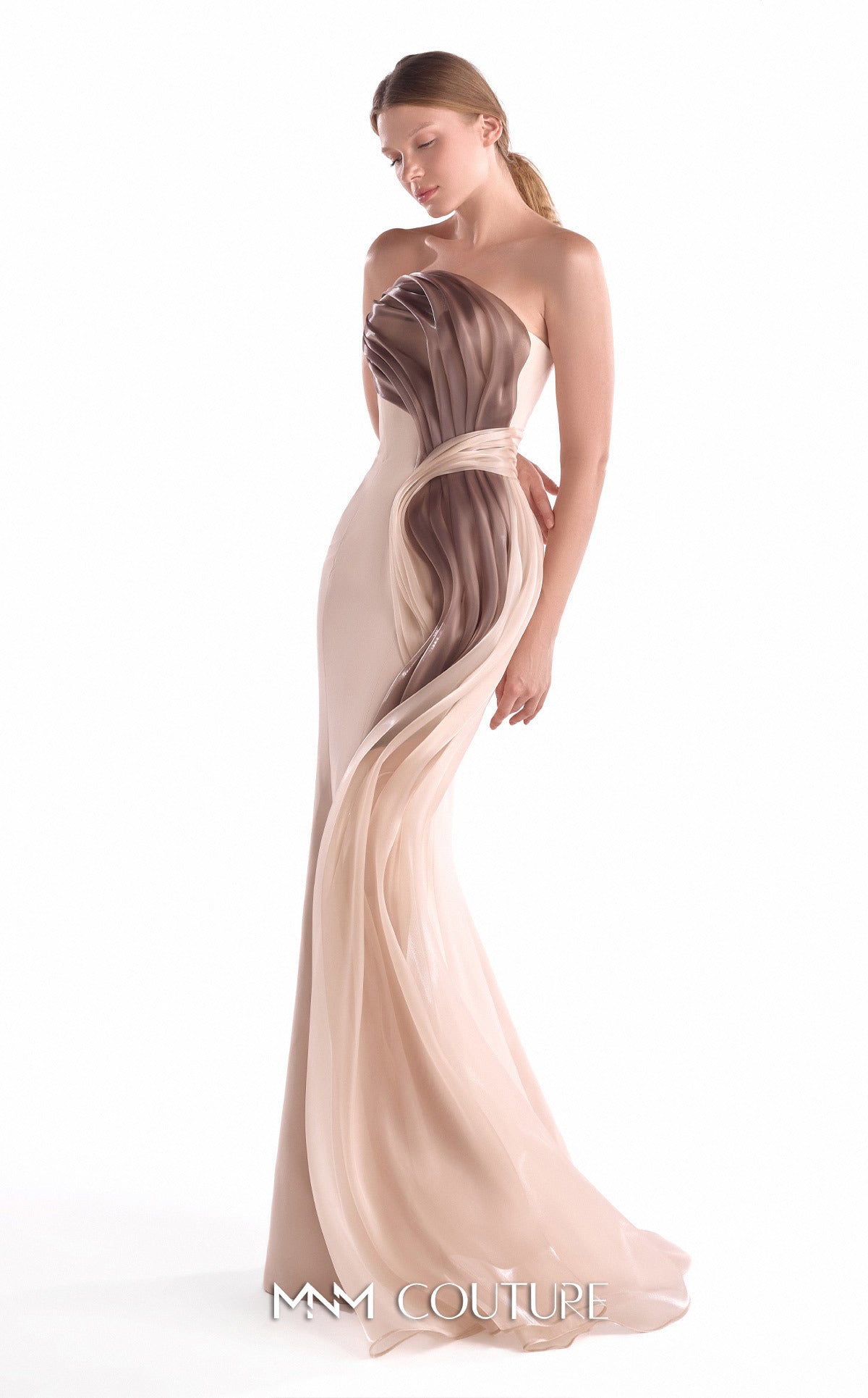 Strapless Long Chiffon Evening Gown by MNM Couture G2109 in Nude