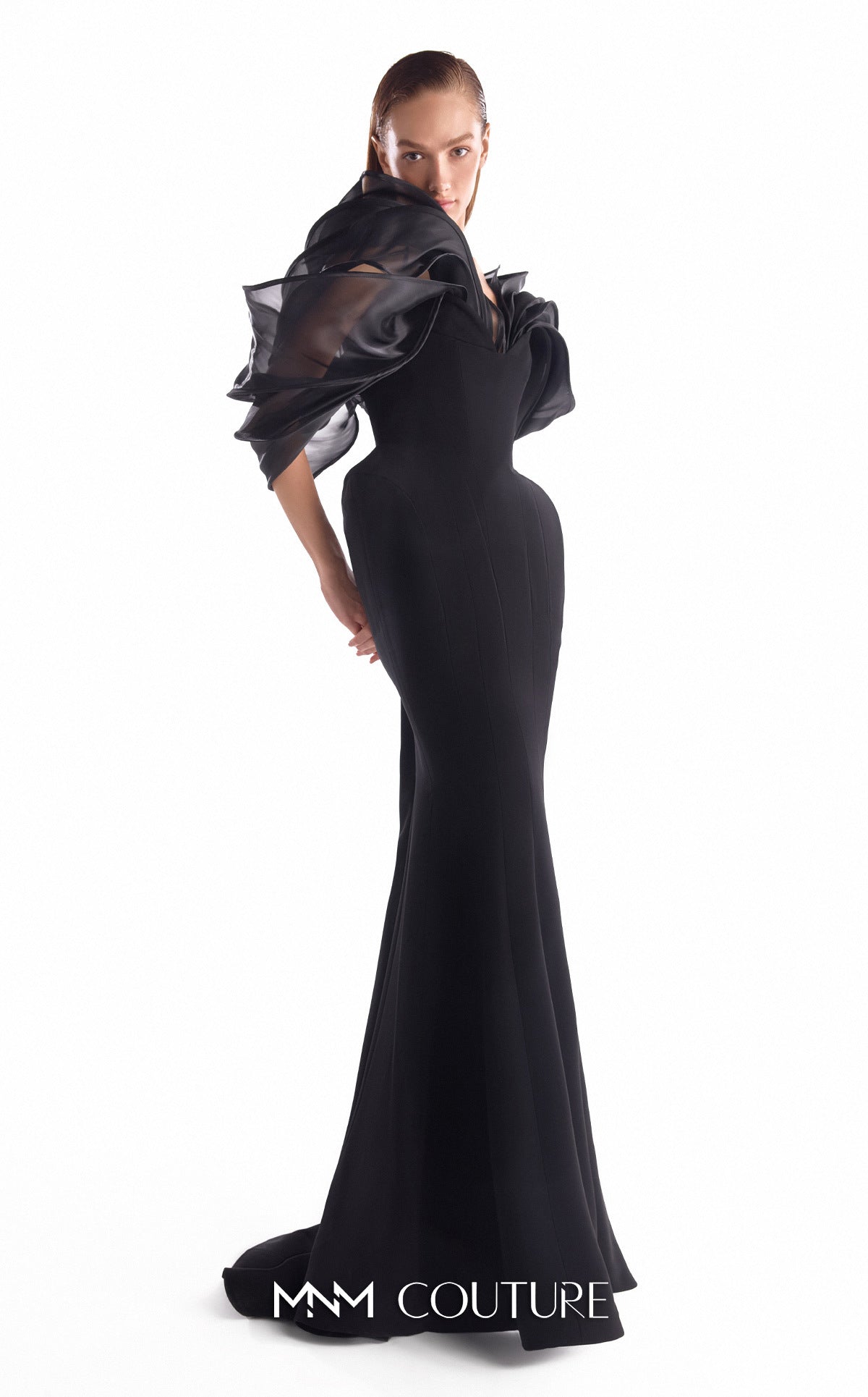 Off-Shoulder Organza Mermaid Evening Gown by MNM Couture G2110 in Black