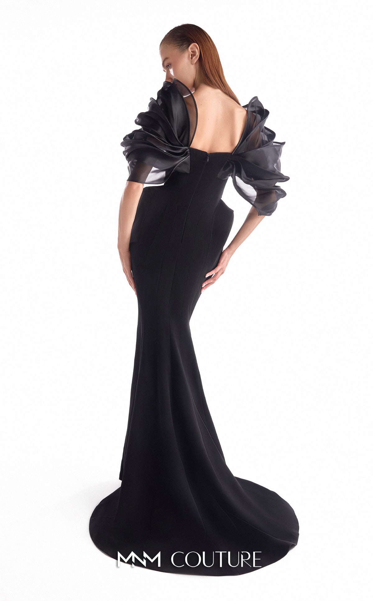 Off-Shoulder Organza Mermaid Evening Gown by MNM Couture G2110 in Black
