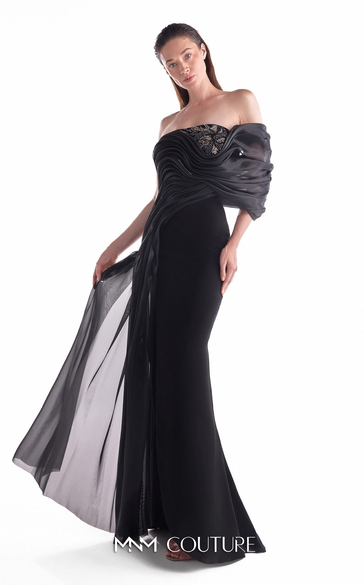Off-Shoulder Column Velvet Formal Gown by MNM Couture G2111 in Black