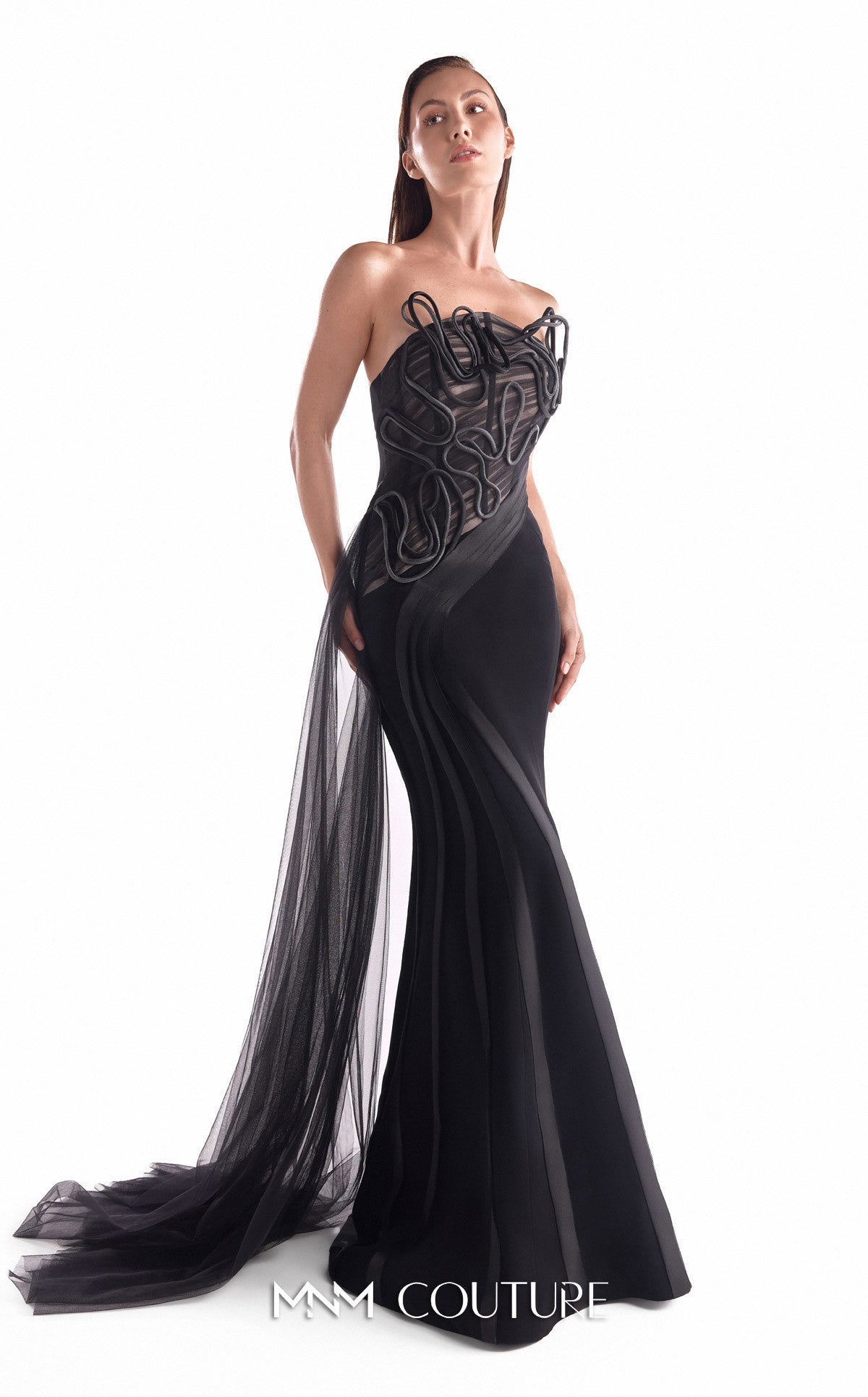Strapless Mermaid Tulle Evening Gown by MNM Couture G2116 in Black