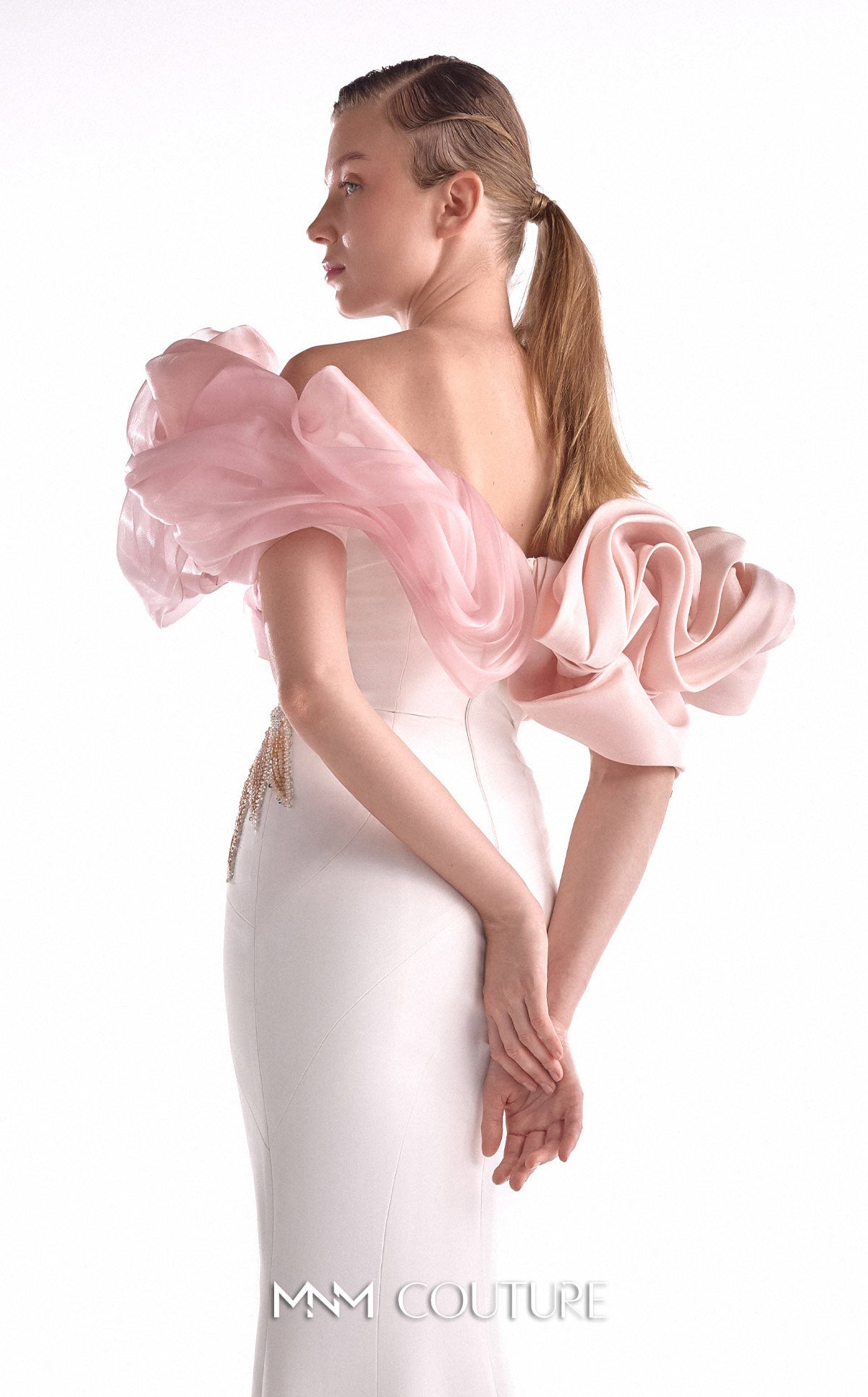 Off-Shoulder Mermaid Embellished Formal Gown by MNM Couture G2120 in Off White/Pink