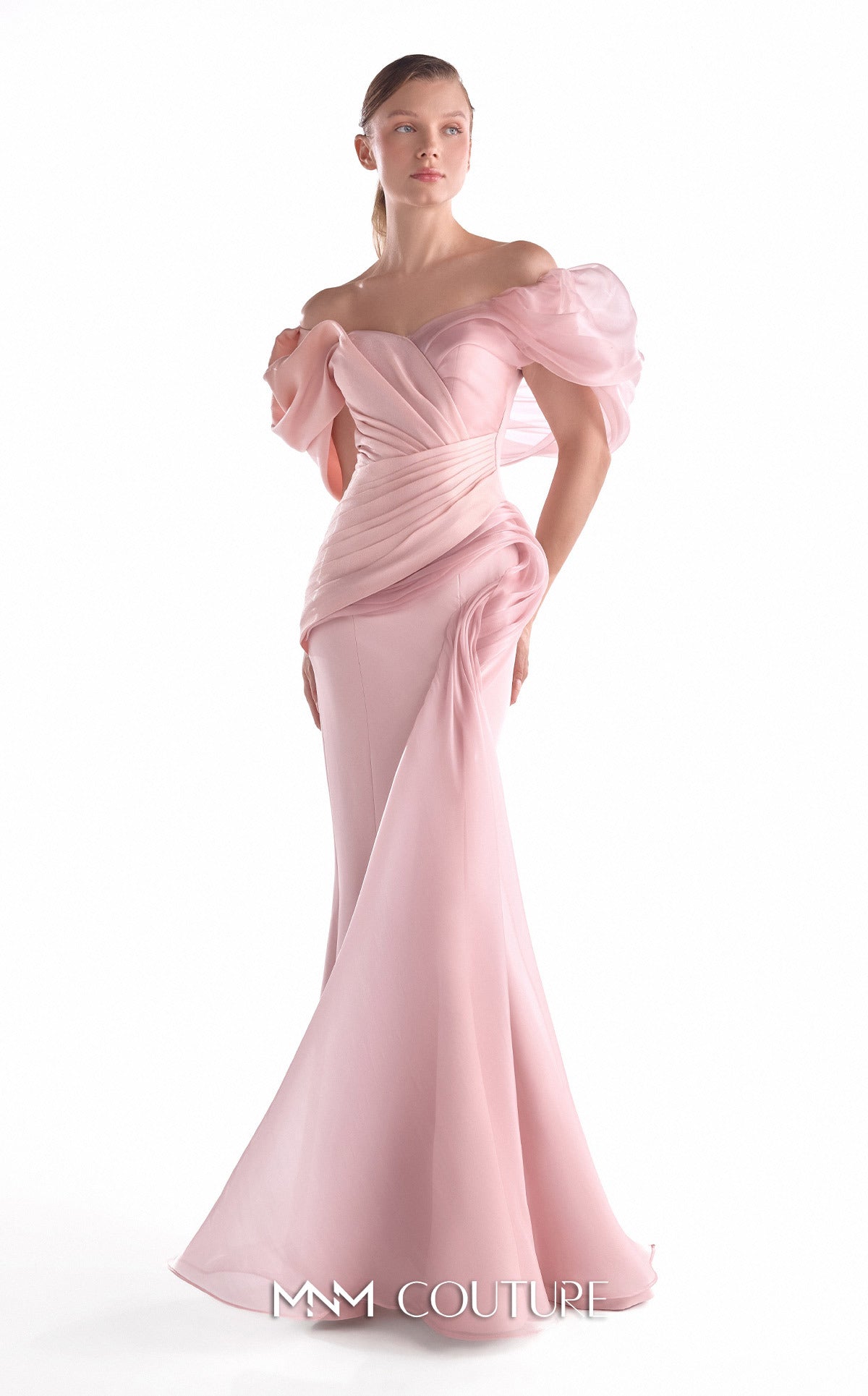 Off-Shoulder Draped Satin Evening Gown by MNM Couture G2125 in Salmon