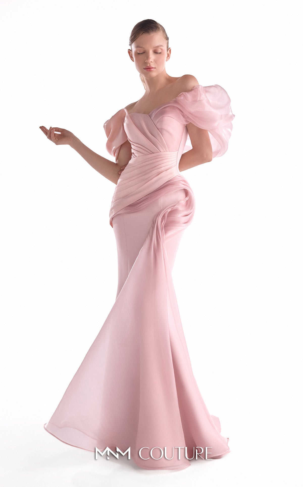 Off-Shoulder Draped Satin Evening Gown by MNM Couture G2125 in Salmon