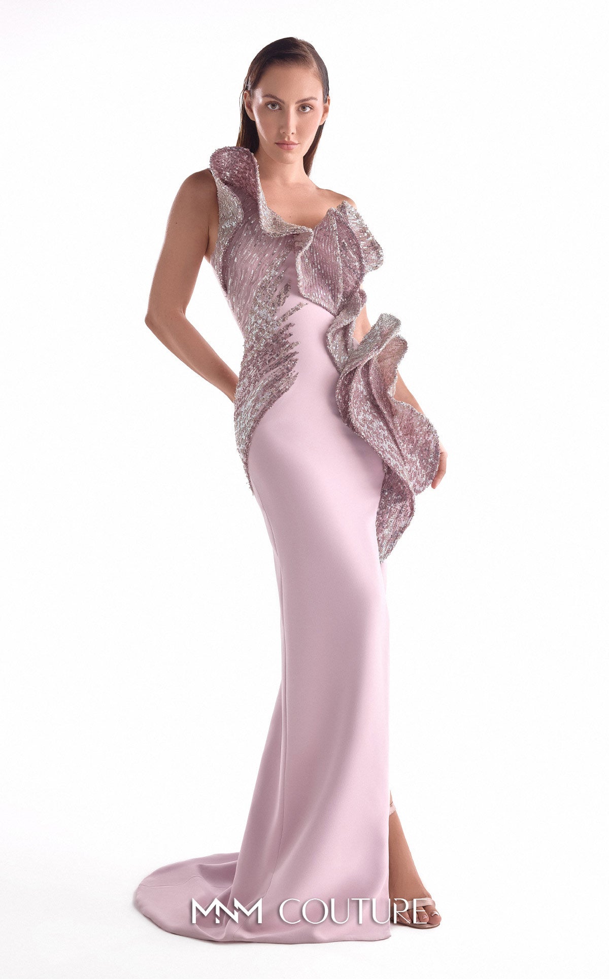 One Shoulder Beaded Ruffle Satin Evening Gown by MNM Couture G2128 in Old Rose