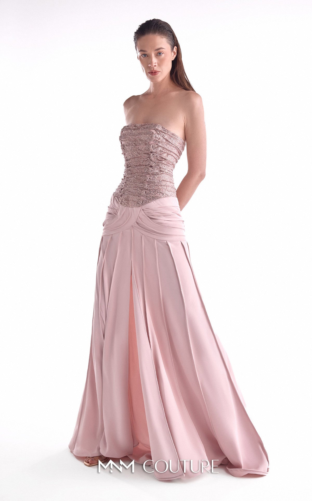 Strapless Long Embellished Evening Gown by MNM Couture G2129 in Dusty Rose