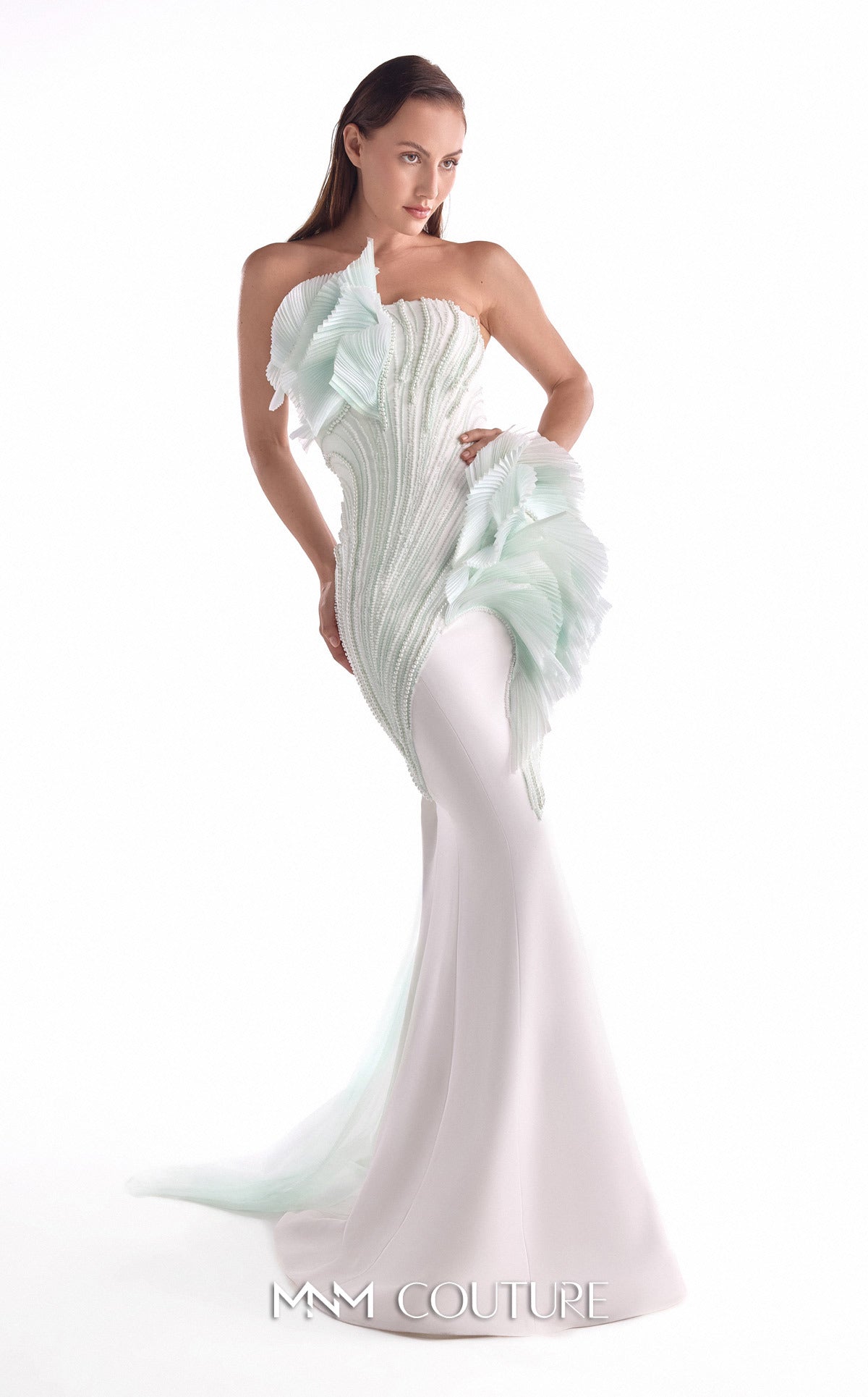 One-Shoulder Mermaid Tulle Prom Dress by MNM Couture G2135 in Mint