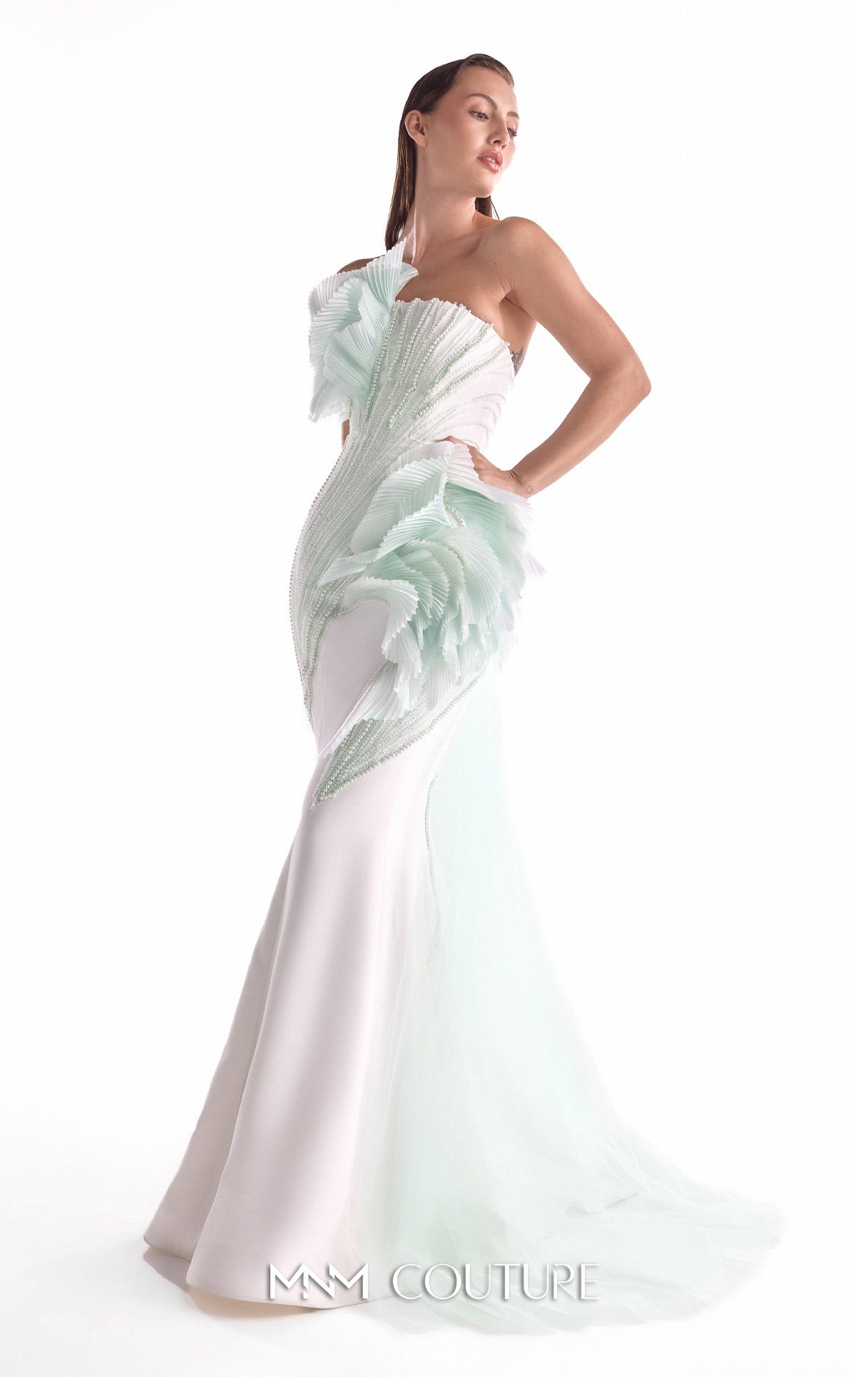 One-Shoulder Mermaid Tulle Prom Dress by MNM Couture G2135 in Mint