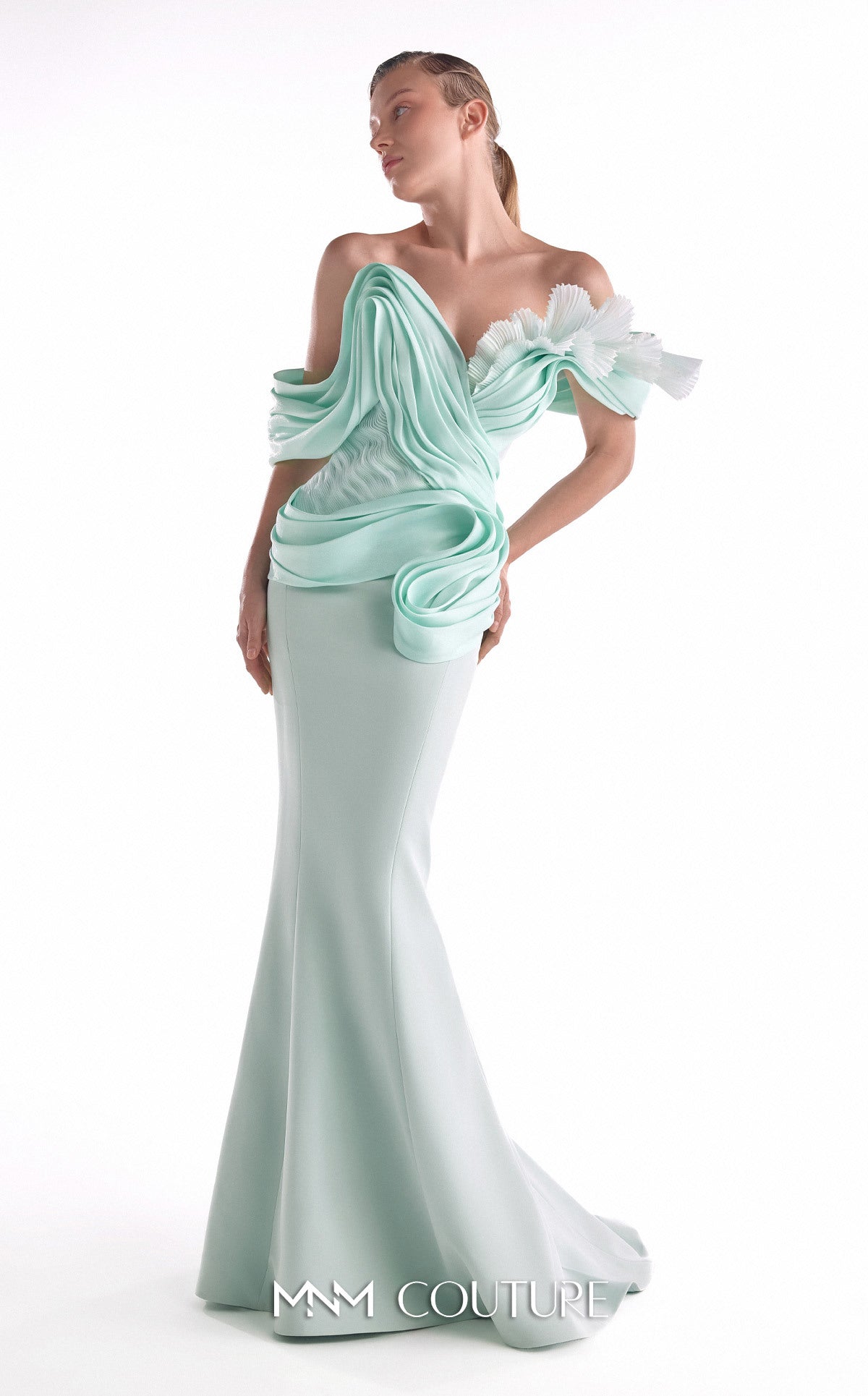 Off-Shoulder Mermaid Satin Evening Gown by MNM Couture G2136 in Mint
