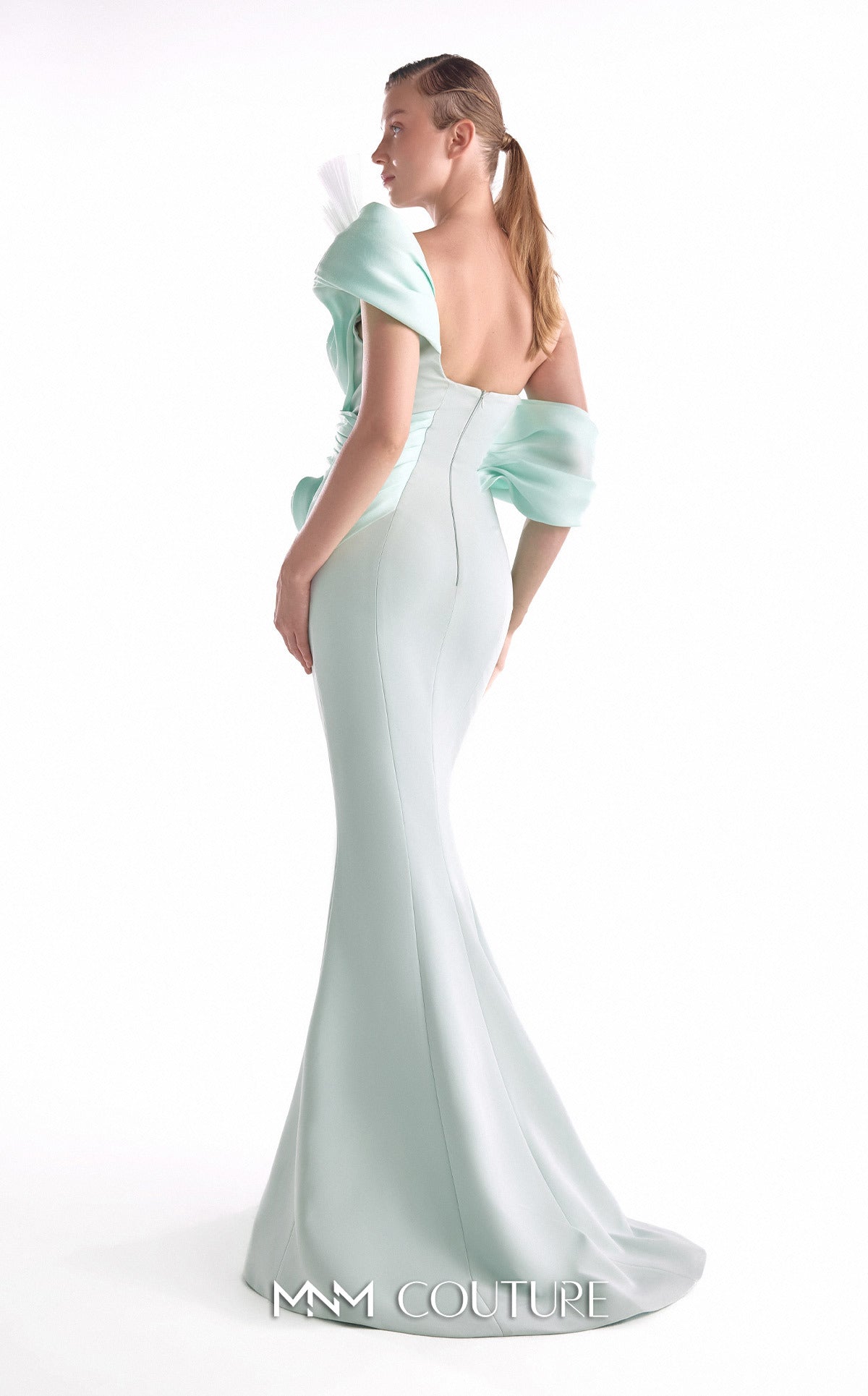Off-Shoulder Mermaid Satin Evening Gown by MNM Couture G2136 in Mint