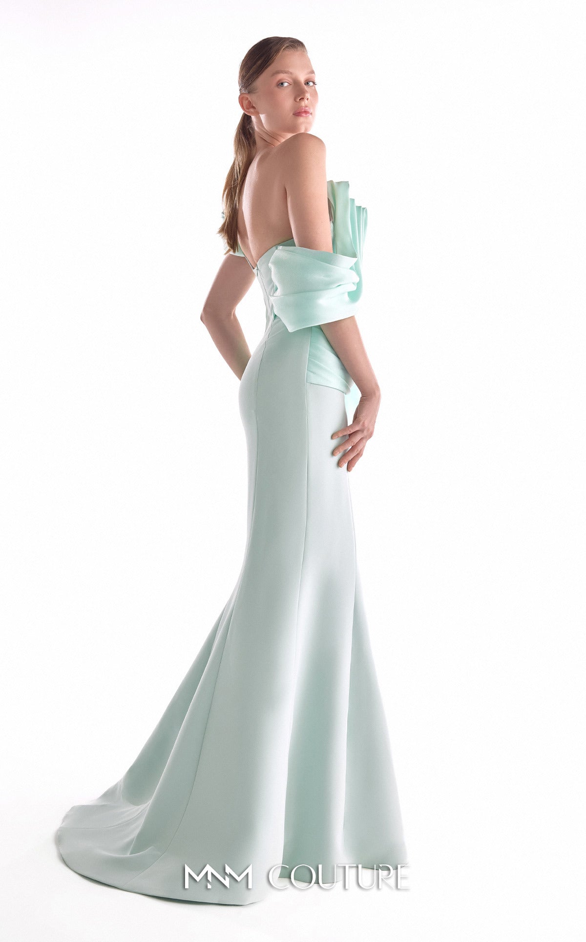 Off-Shoulder Mermaid Satin Evening Gown by MNM Couture G2136 in Mint
