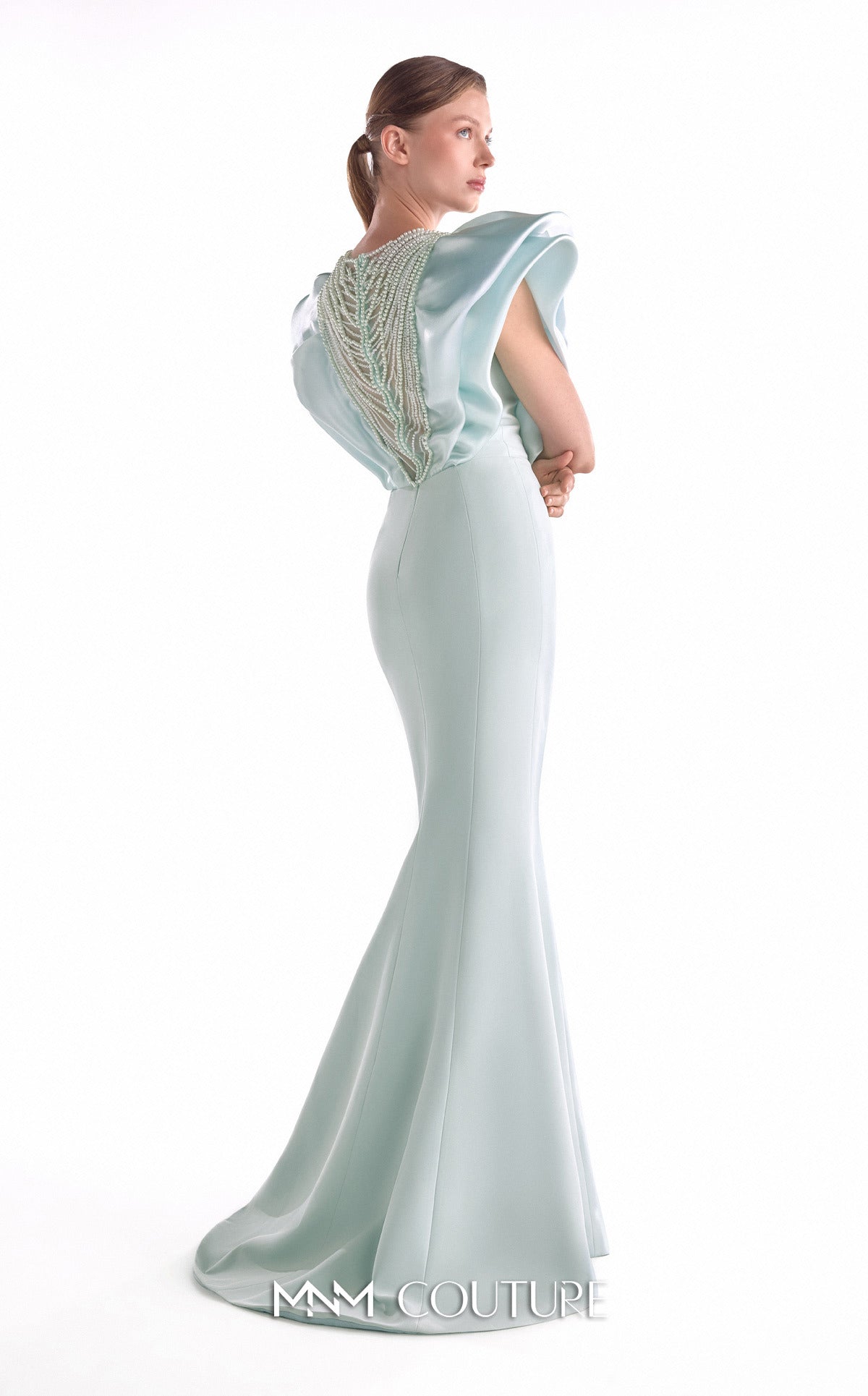 Jewel Neck Long Satin Formal Gown by MNM Couture G2138 in Mint