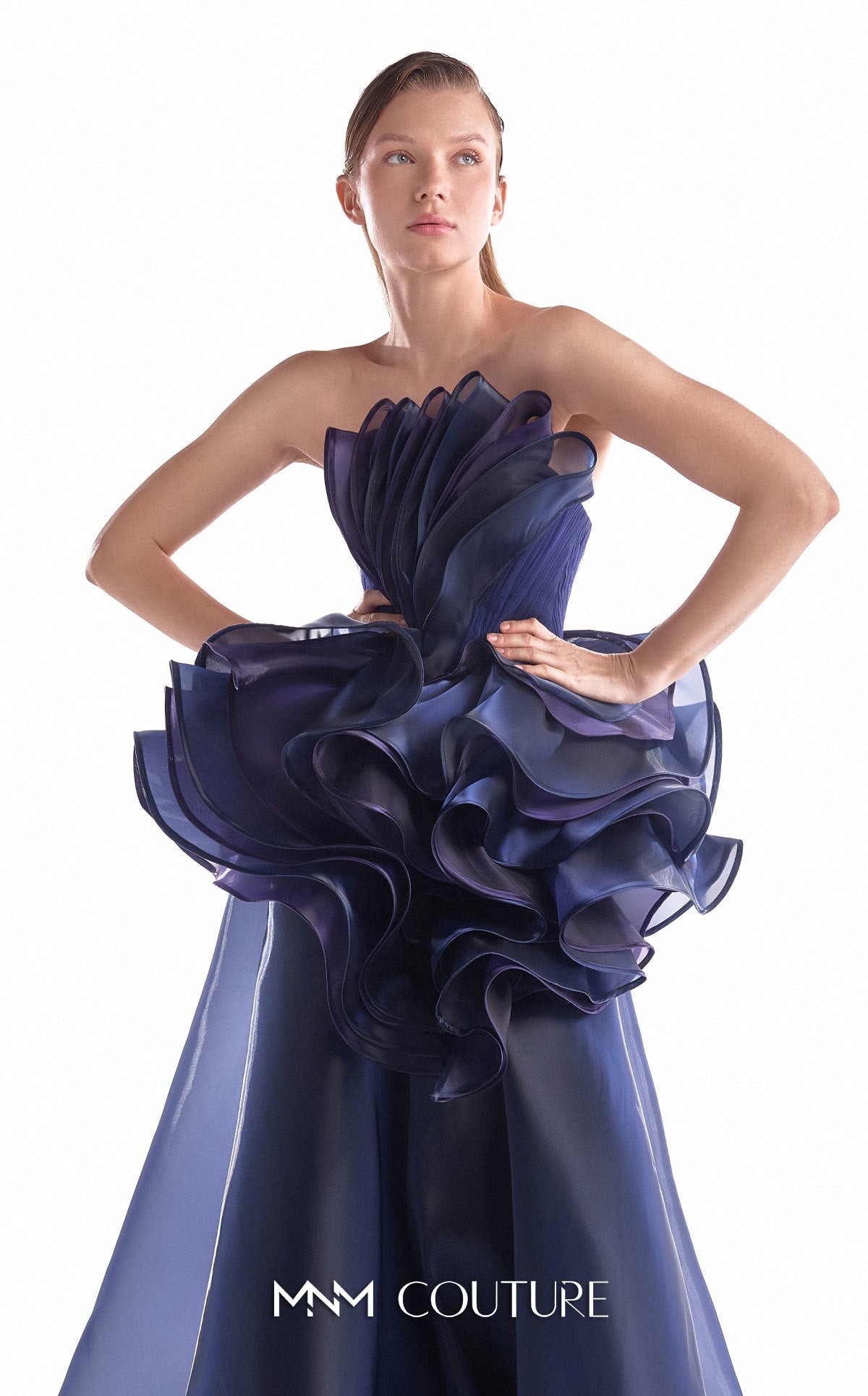 Strapless Curved Neck Floor-Length Organza Evening Ball Gown MNM Couture G2146