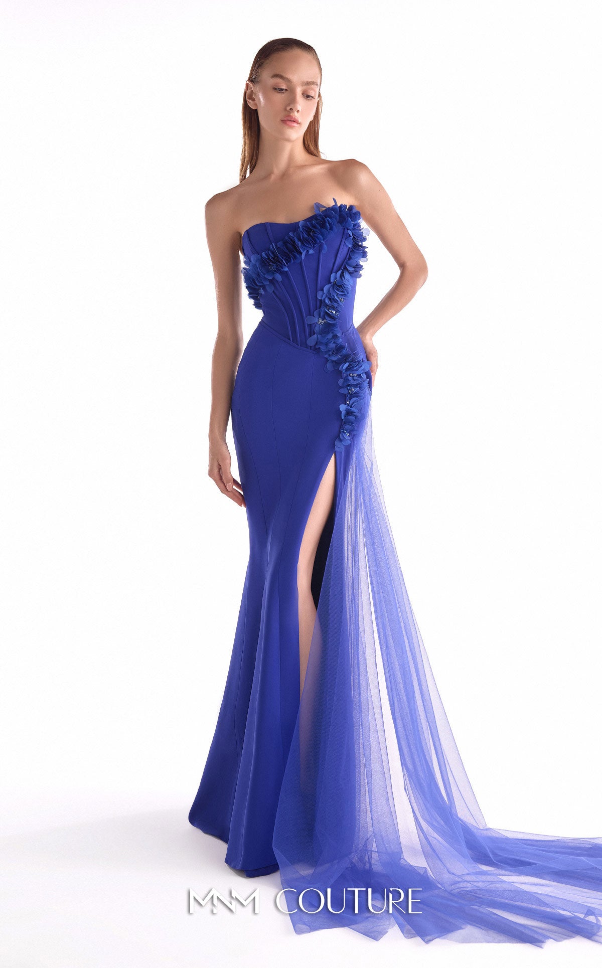 Strapless Gown with Ruffled Bodice by MNM Couture G2149 in Royal Blue