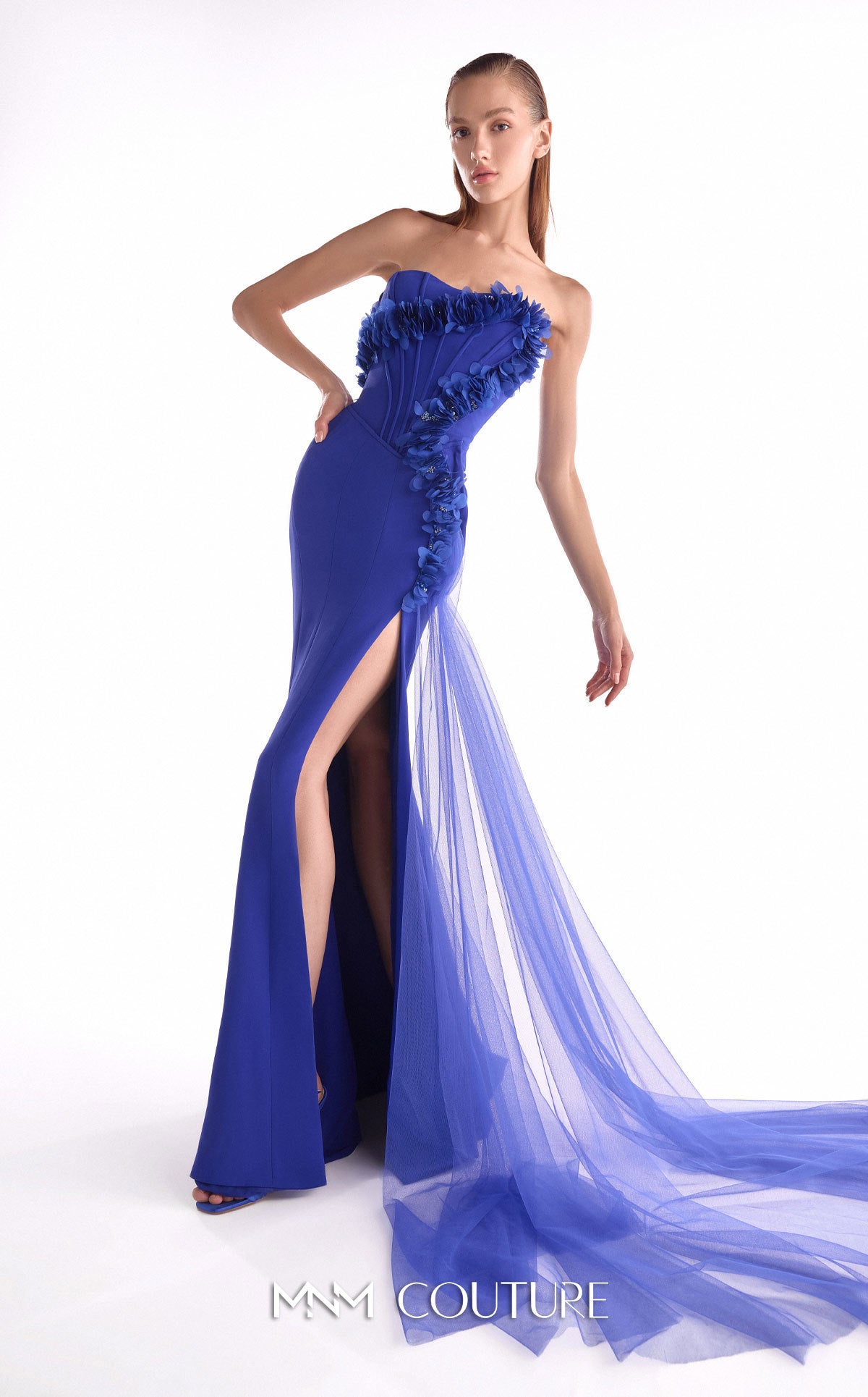 Strapless Gown with Ruffled Bodice by MNM Couture G2149 in Royal Blue