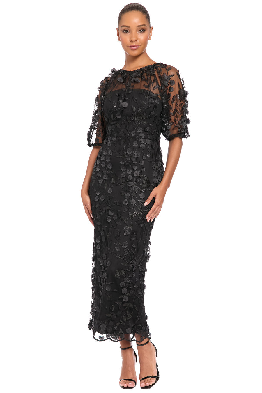 Floral Illusion Puff-Sleeve Midi Dress Maggy London G6009M
