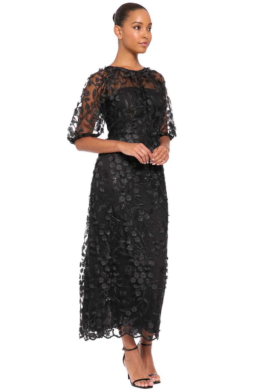Floral Illusion Puff-Sleeve Midi Dress Maggy London G6009M
