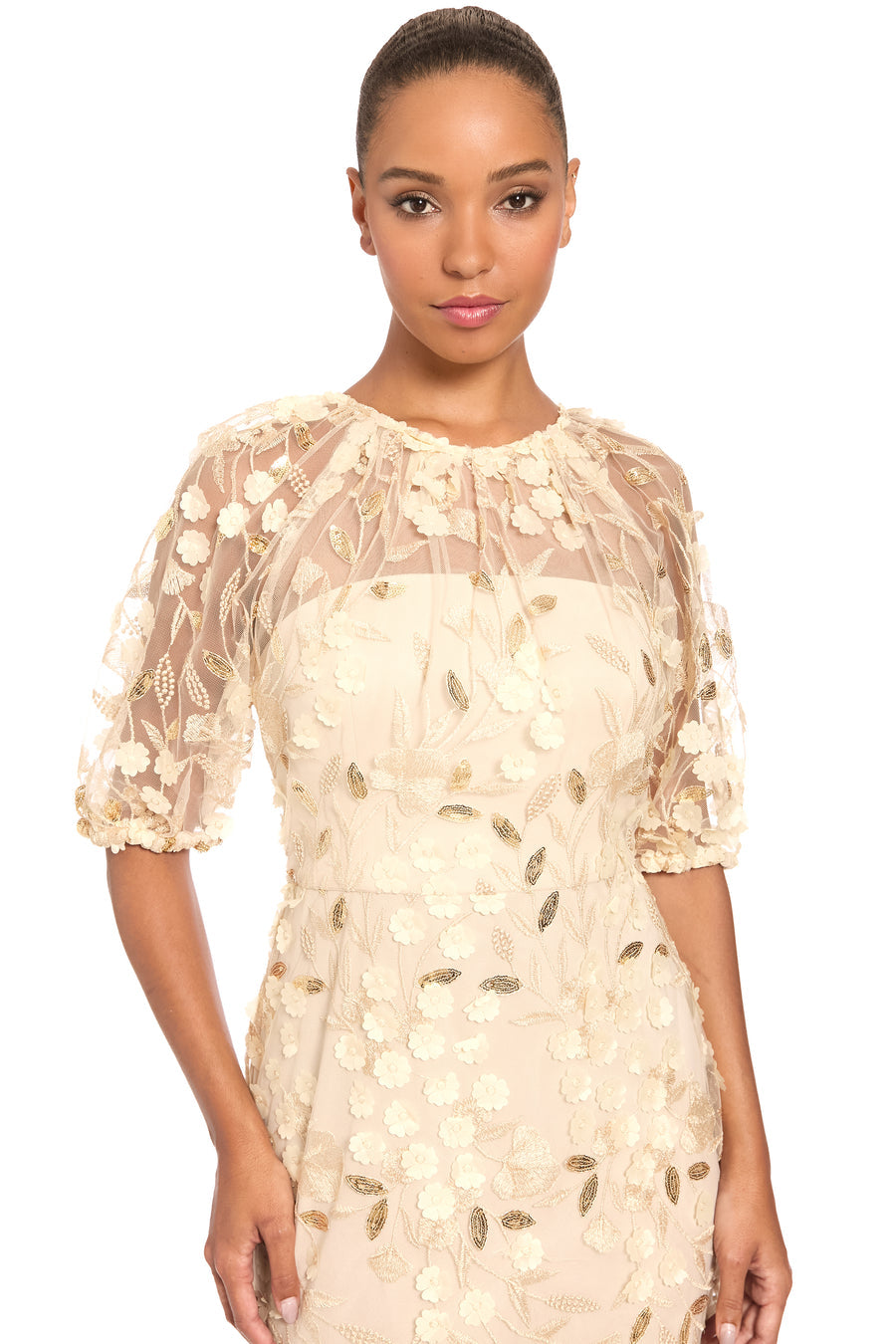 Floral Illusion Puff-Sleeve Midi Dress Maggy London G6009M