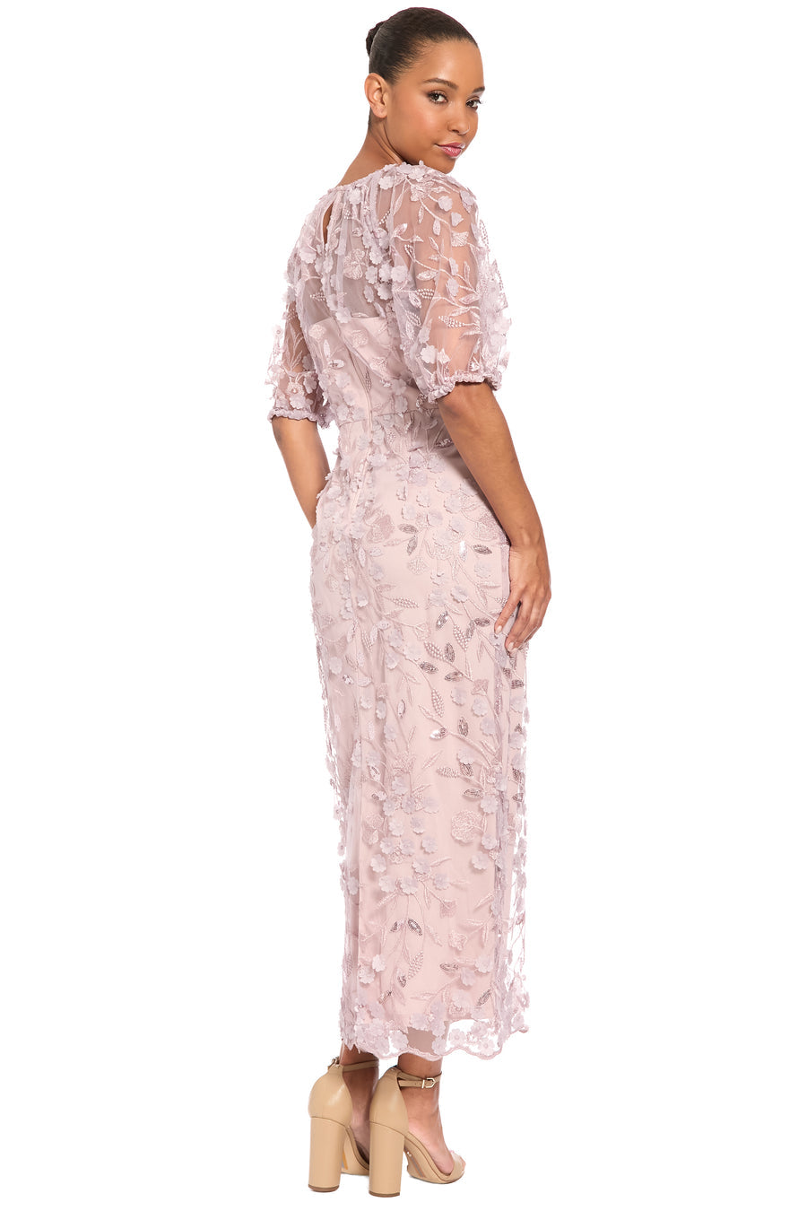 Floral Illusion Puff-Sleeve Midi Dress Maggy London G6009M