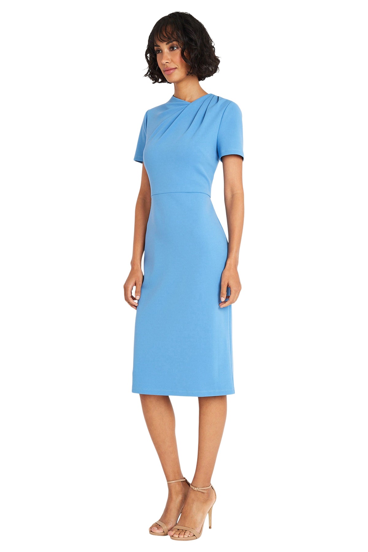 Maggy London Pleated Neck Short Sleeve Crepe Sheath Dress G6124M