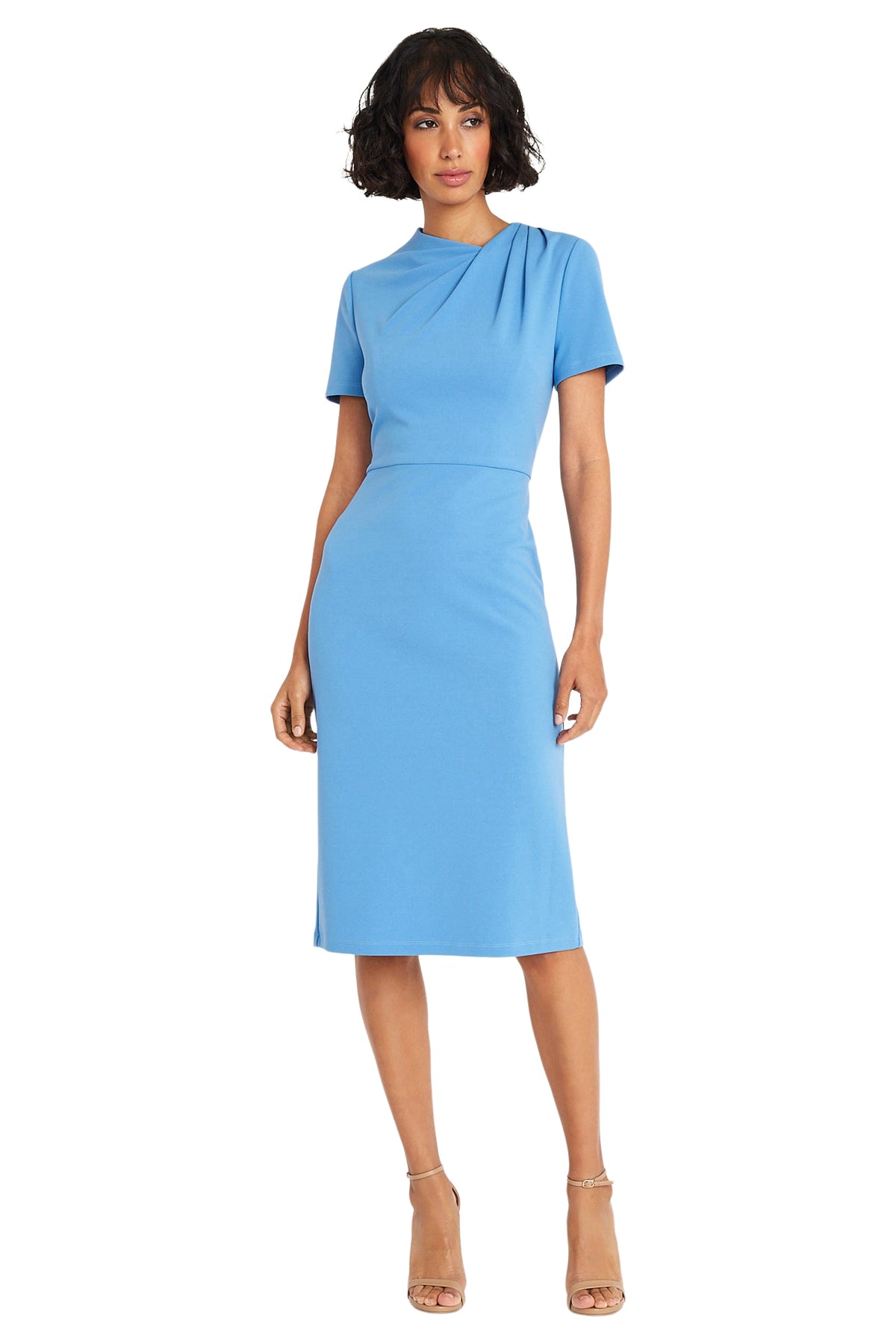 Maggy London Pleated Neck Short Sleeve Crepe Sheath Dress G6124M