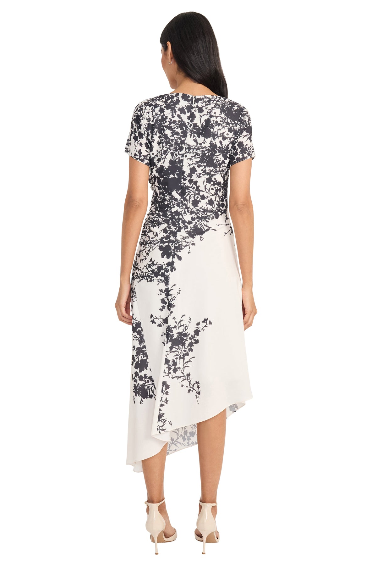 Maggy London Printed Georgette Asymmetric Hem Short Sleeve Midi Dress G6370M