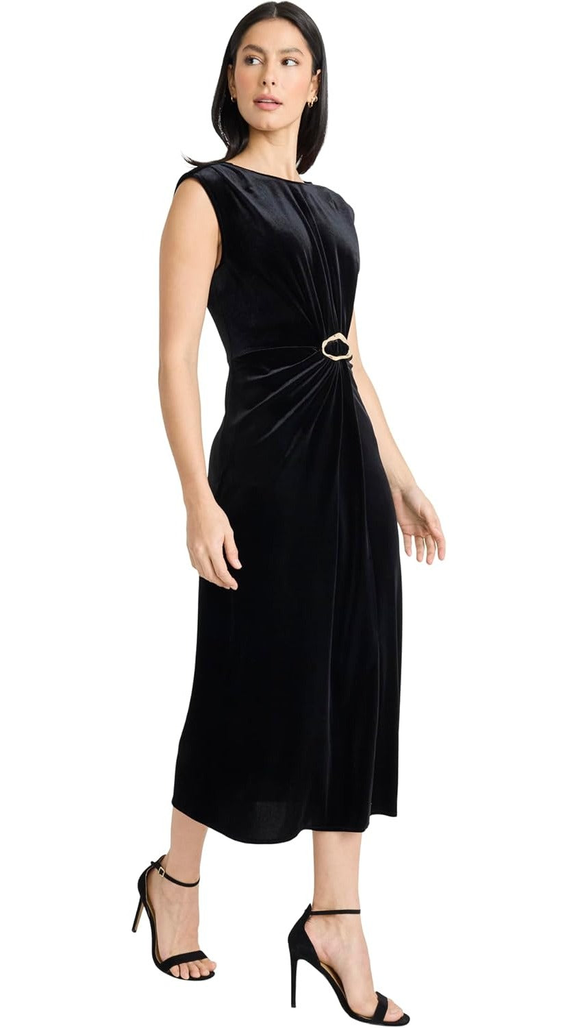 Maggy London Velvet Side Ruched Sleeveless Midi Dress G6920M