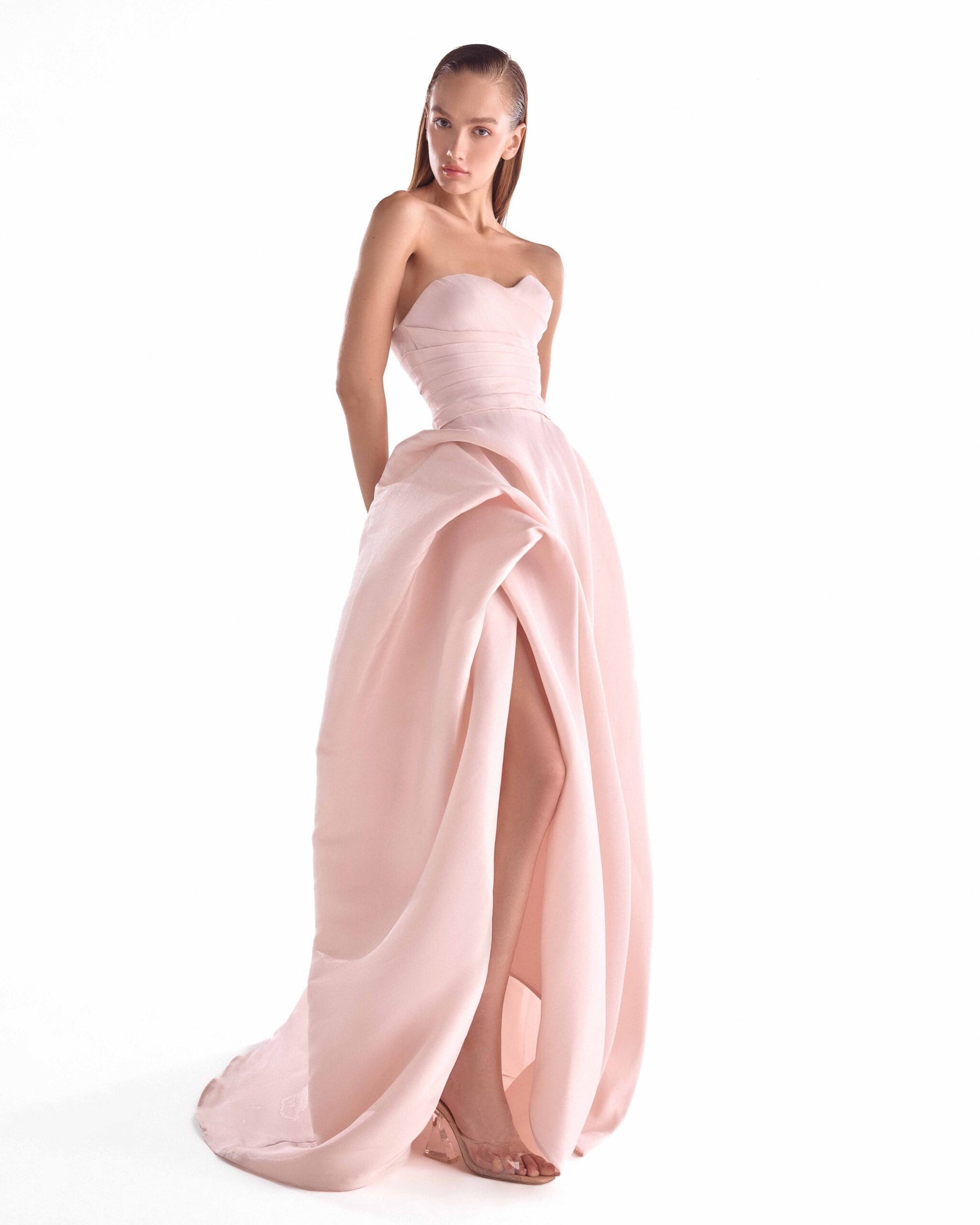 Strapless Curved Neck Floor-Length Satin Formal A-Line MNM Couture G2121