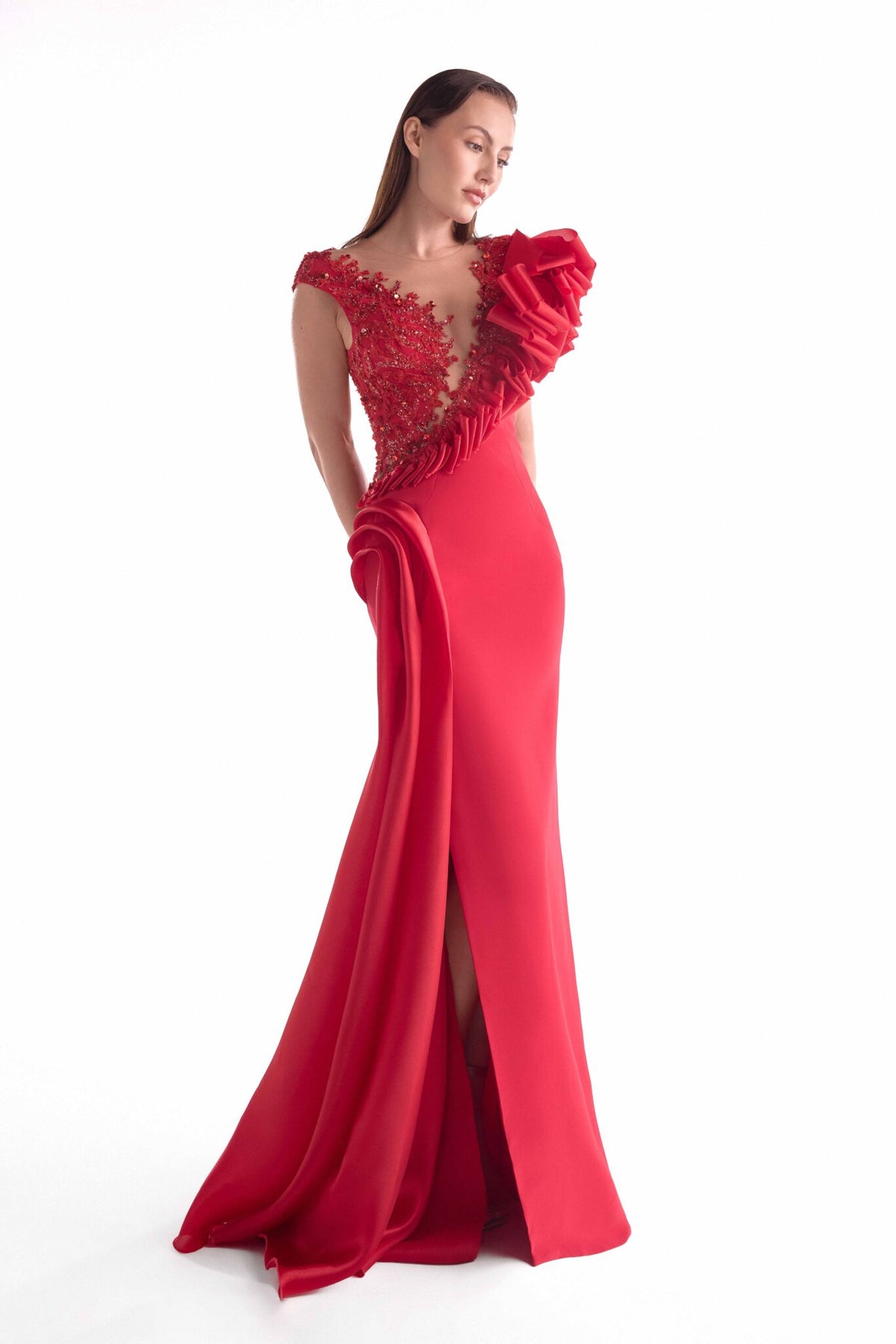 Illusion Floor-Length Crepe Evening Sheath MNM Couture G2134