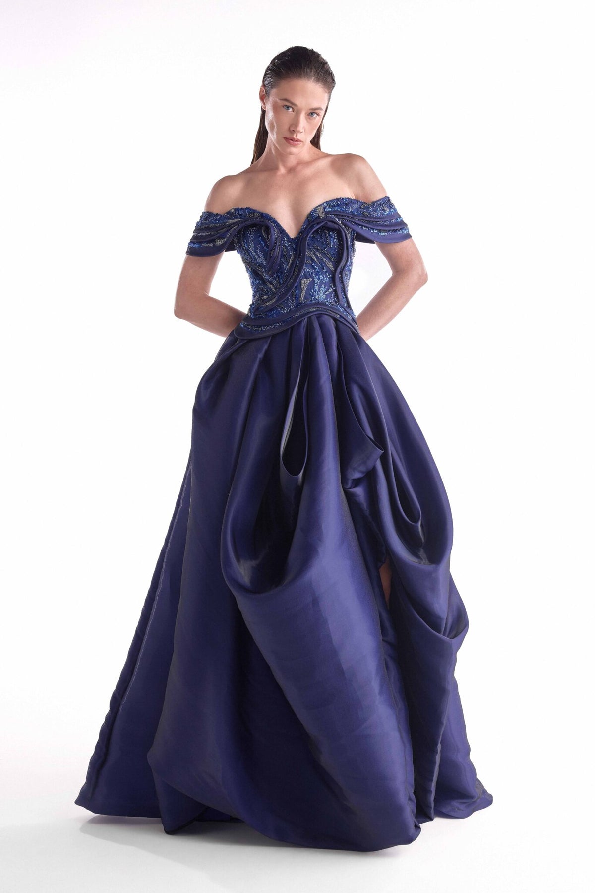 Off-the-Shoulder Floor-Length Satin Formal Ball Gown MNM Couture G2147