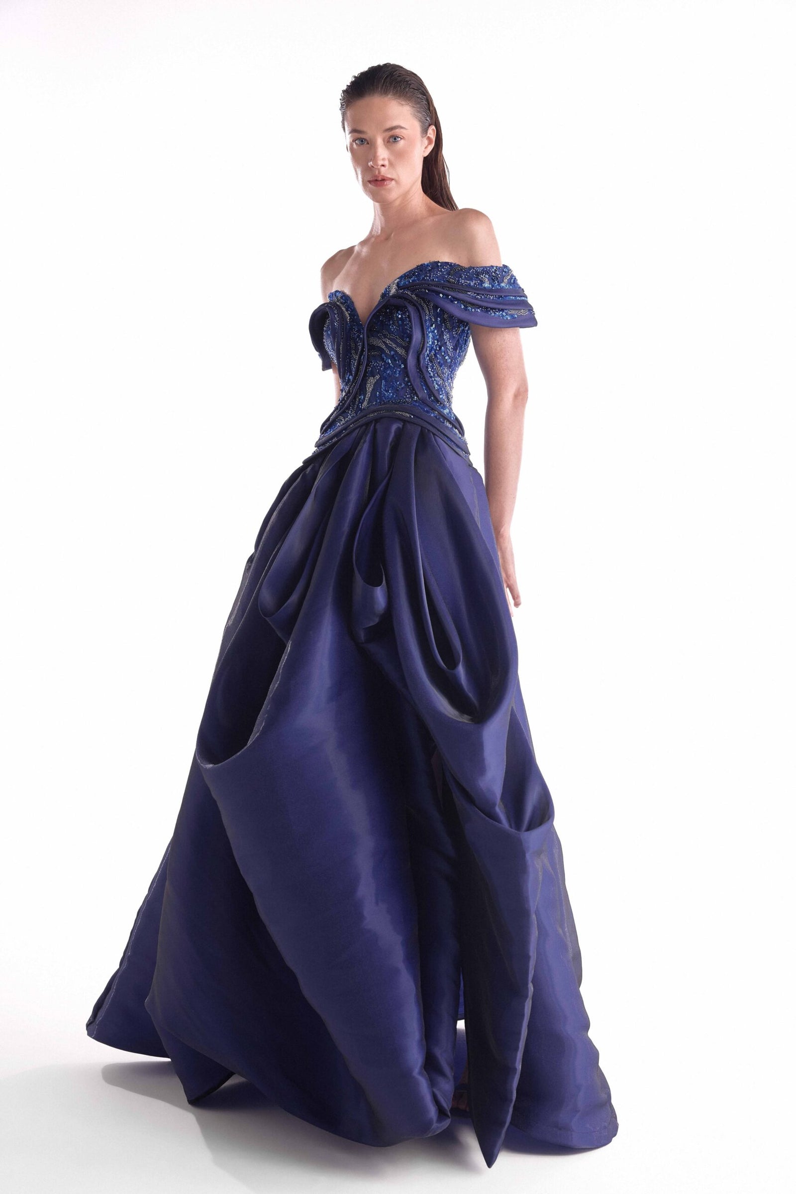 Off-the-Shoulder Floor-Length Satin Formal Ball Gown MNM Couture G2147