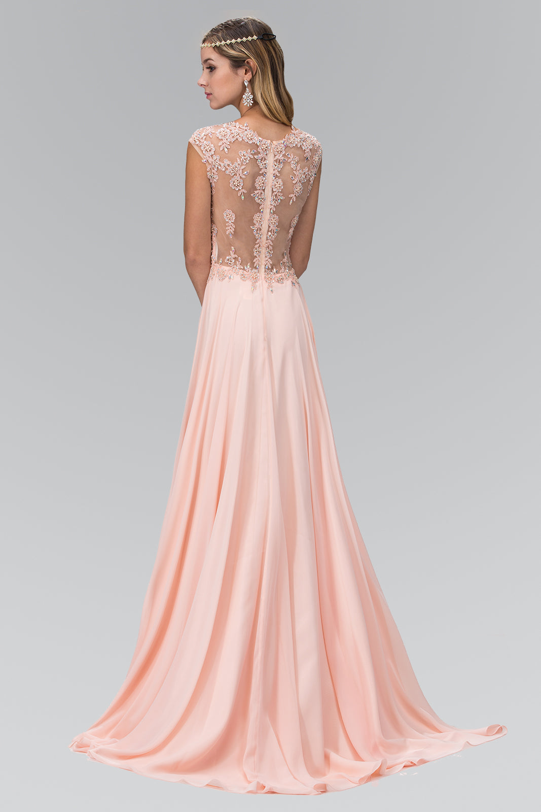Long Formal Cap Sleeve Ruched Bodice Prom Dress - The Dress Outlet Elizabeth K Peach