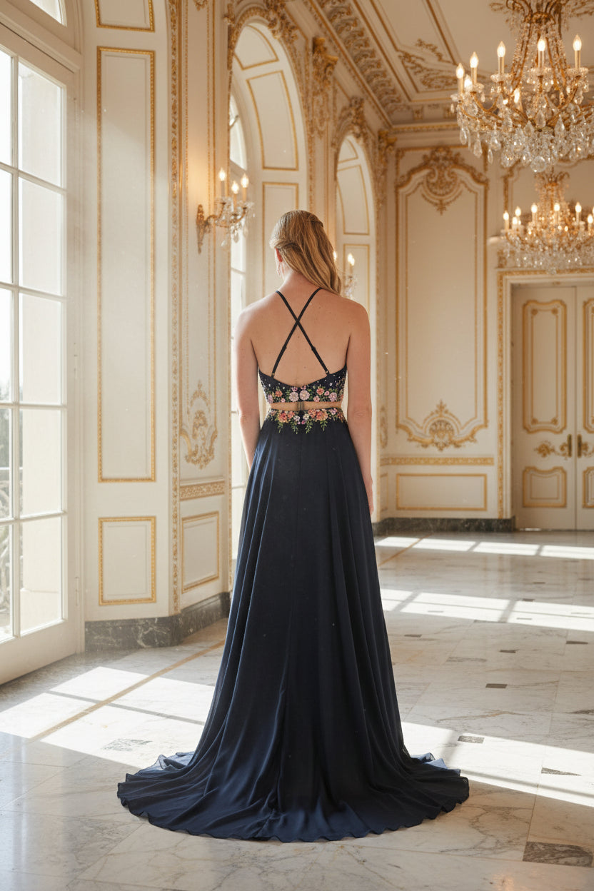 High-Neck Mock Two-Piece Long Prom Dress Formal - The Dress Outlet Elizabeth K Navy