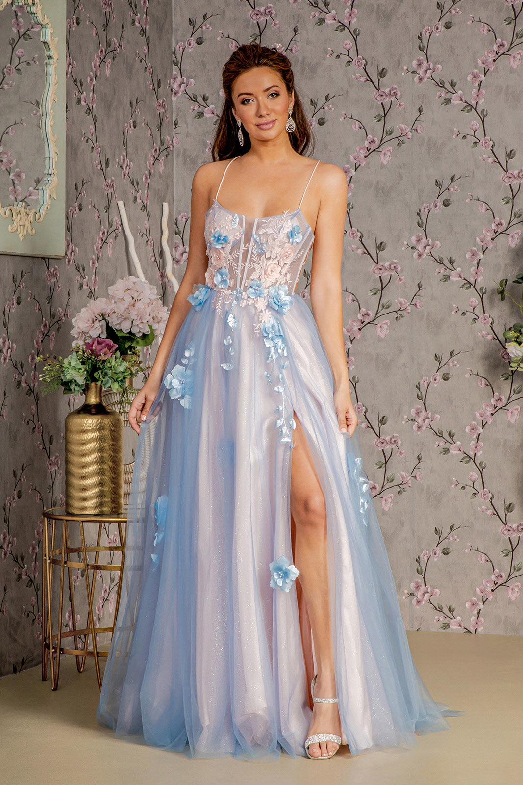Prom Dresses Prom Flower Sheer Bodice Back A line Long Slit Dress Blue/Peach