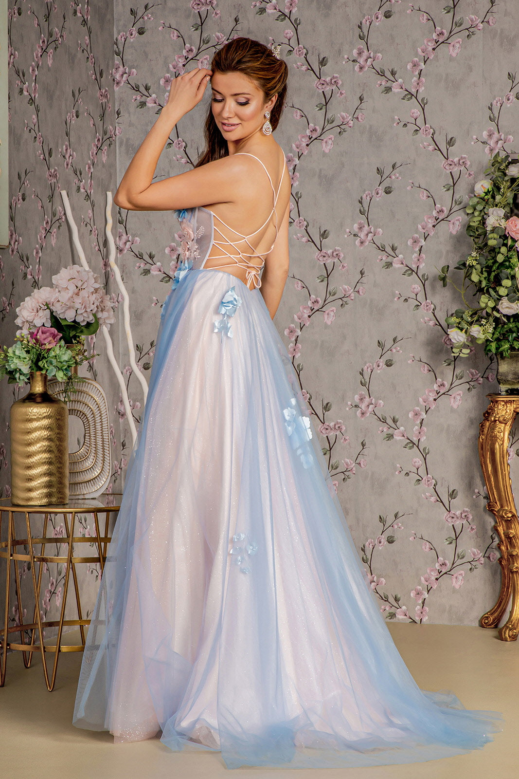 Prom Dresses Prom Flower Sheer Bodice Back A line Long Slit Dress Blue/Peach