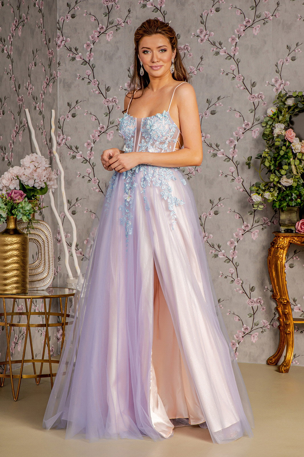 Prom Dresses Prom 3D Butterfly A line Long Slit Dress Smoky Blue/Peach
